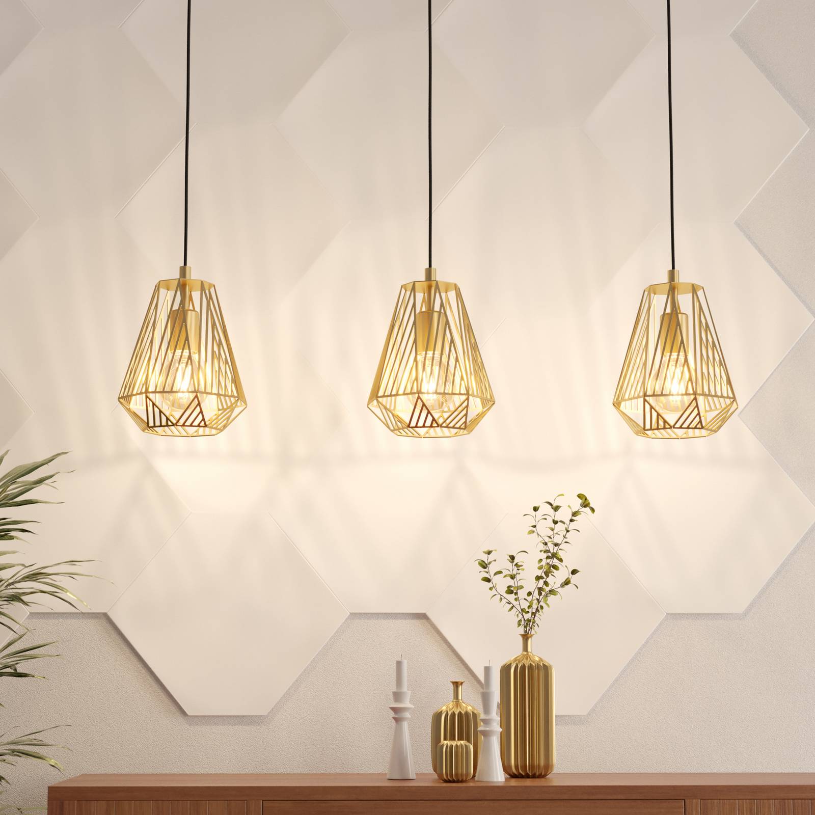 Hängelampe Stype, goldfarben, Länge 96 cm, Stahl, 3-flg. günstig online kaufen