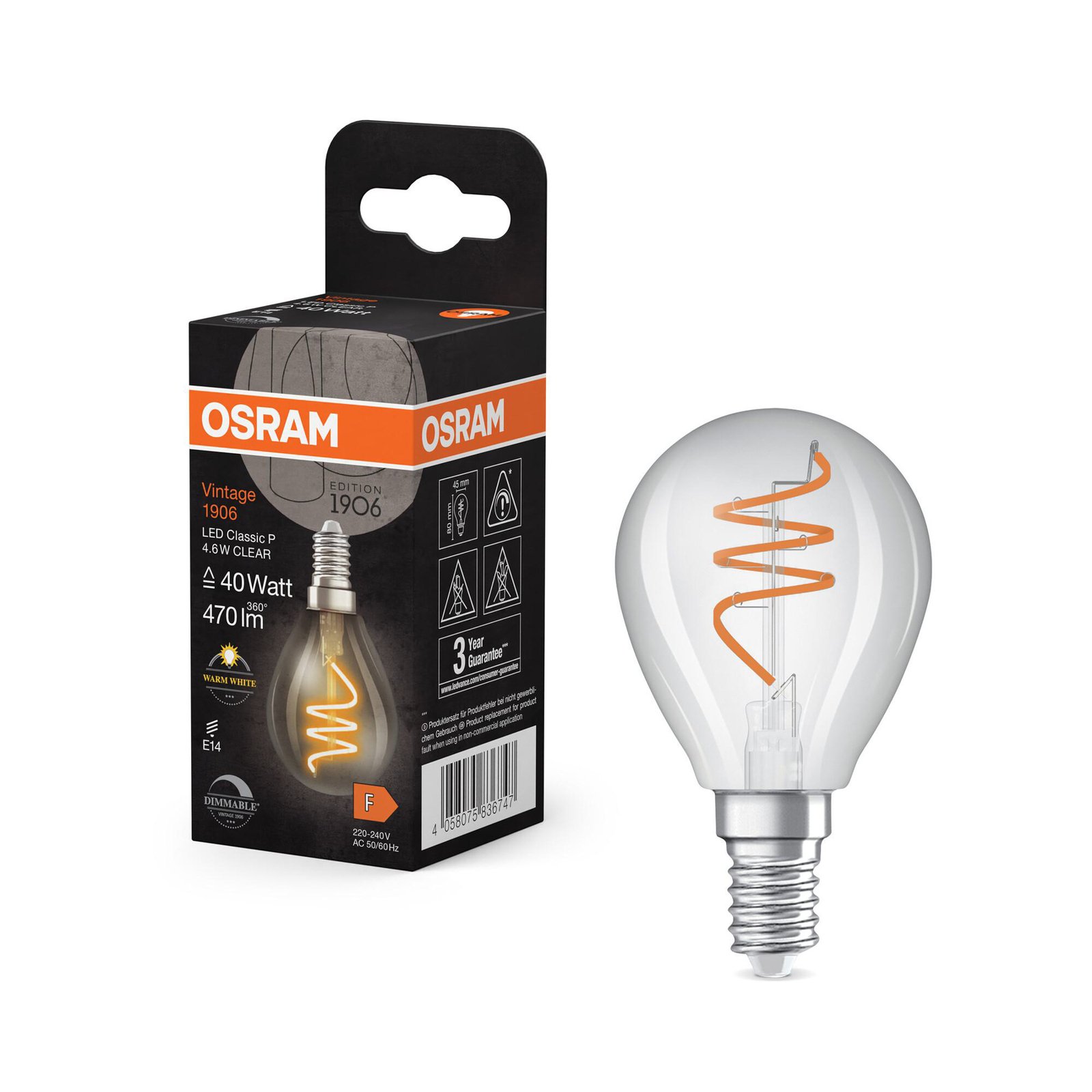 OSRAM LED Vintage P40 E14 4,6W 927 Spiral Filament klar dimbar