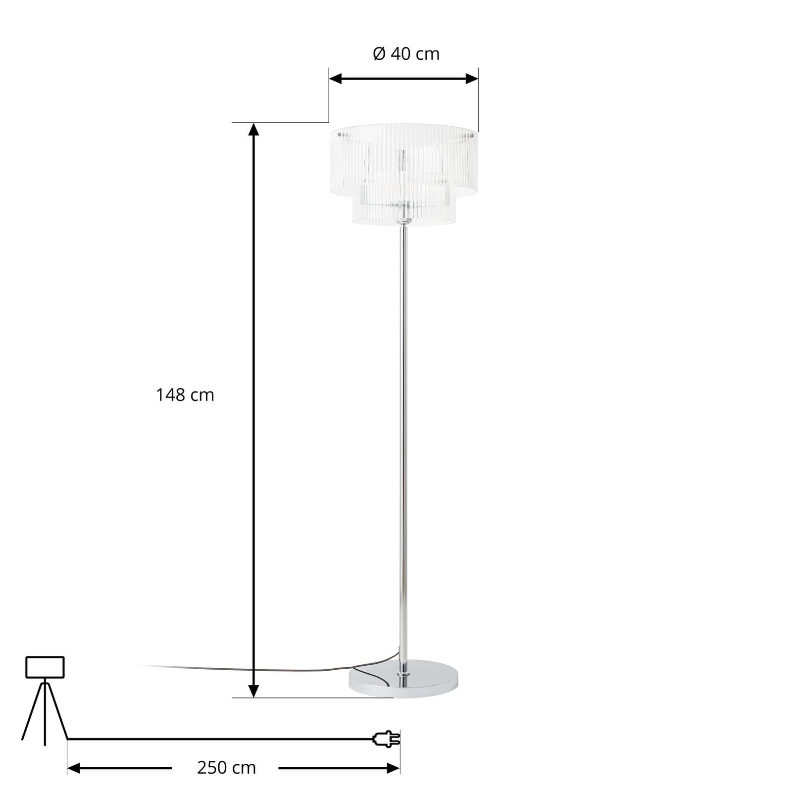 Lucande Meritt álló világítás, króm/átlátszó, magasság 160 cm, üveg