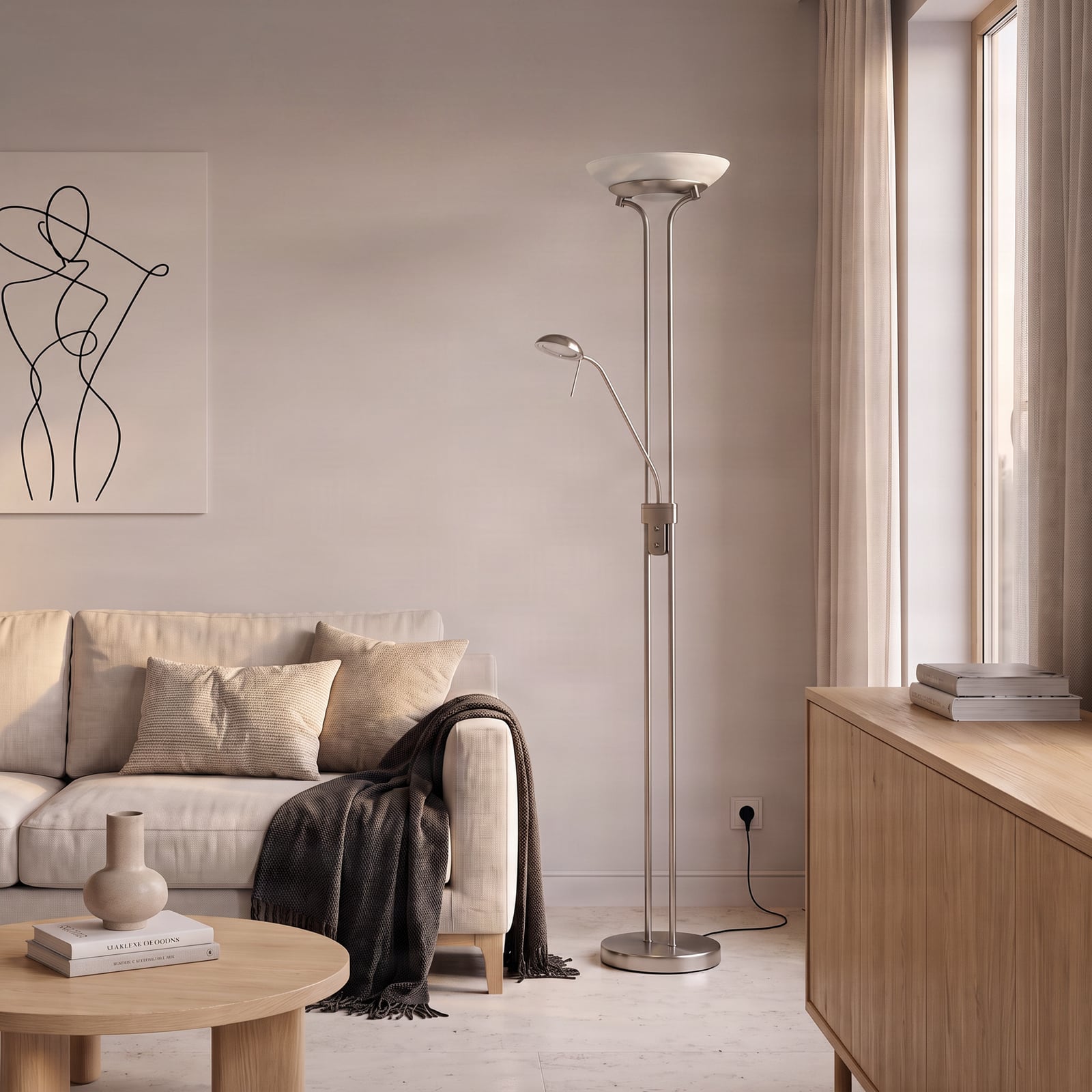 Lampa stojąca Yveta, nikiel/biała – Lindby Lampa stojąca Yveta, nikiel/biała – Lindby