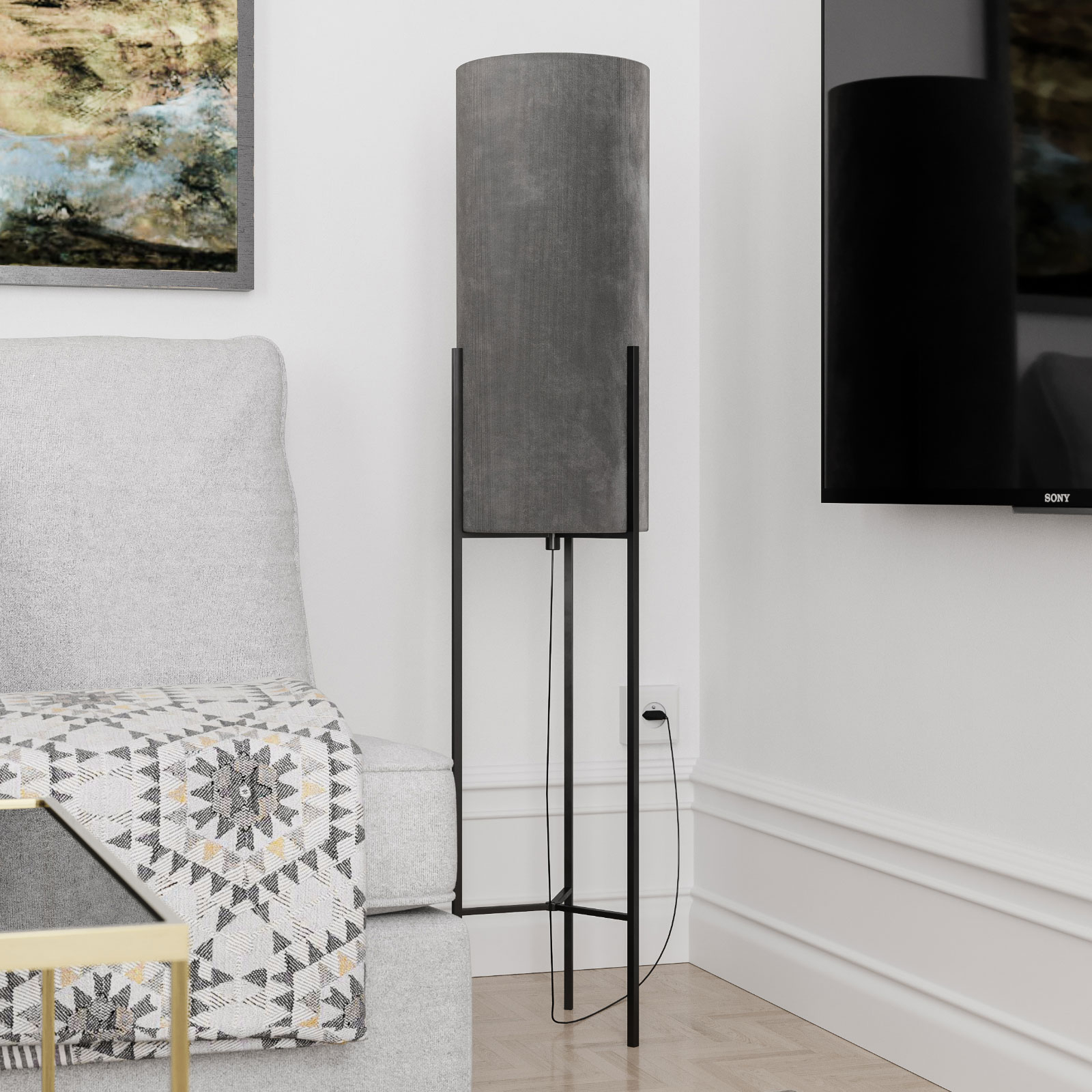 By Rydéns Honey floor lamp, velvet lampshade, grey, for Living / Dining Room, metal, fabric, E27, 40 W, energy efficiency: A++, H: 125 cm