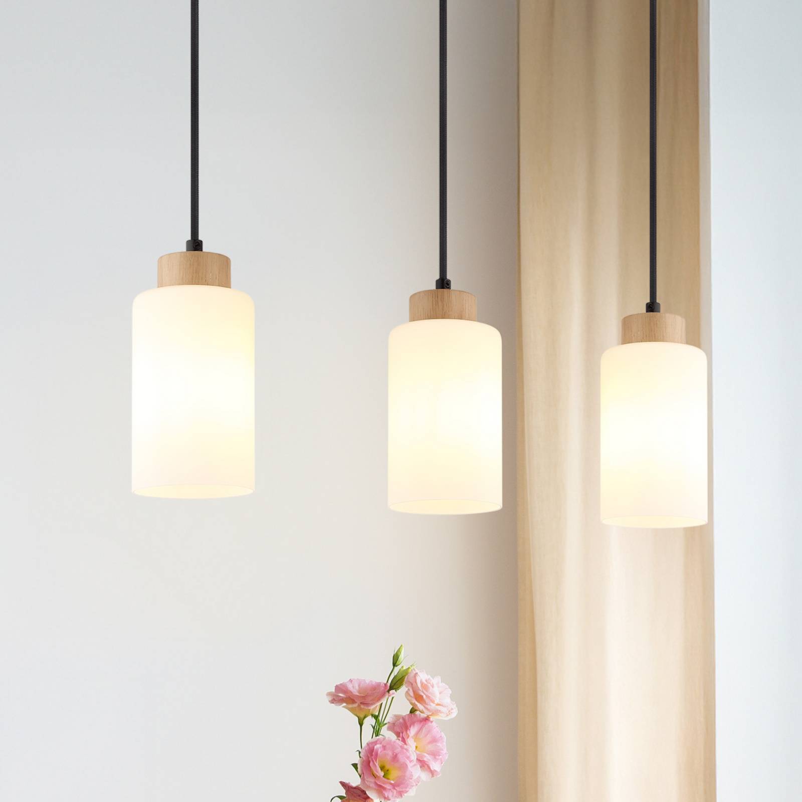 Globo Rowena Pendant Light, Light Wood/White, Glass, 3-Bulb, E27
