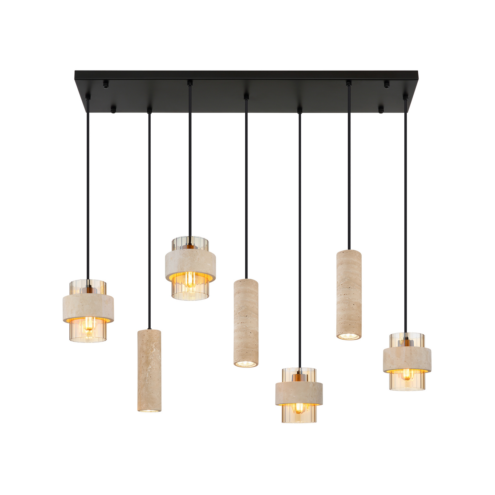 Hängeleuchte Daren, 7-flg., beige/amber/schwarz, E27 + GU10