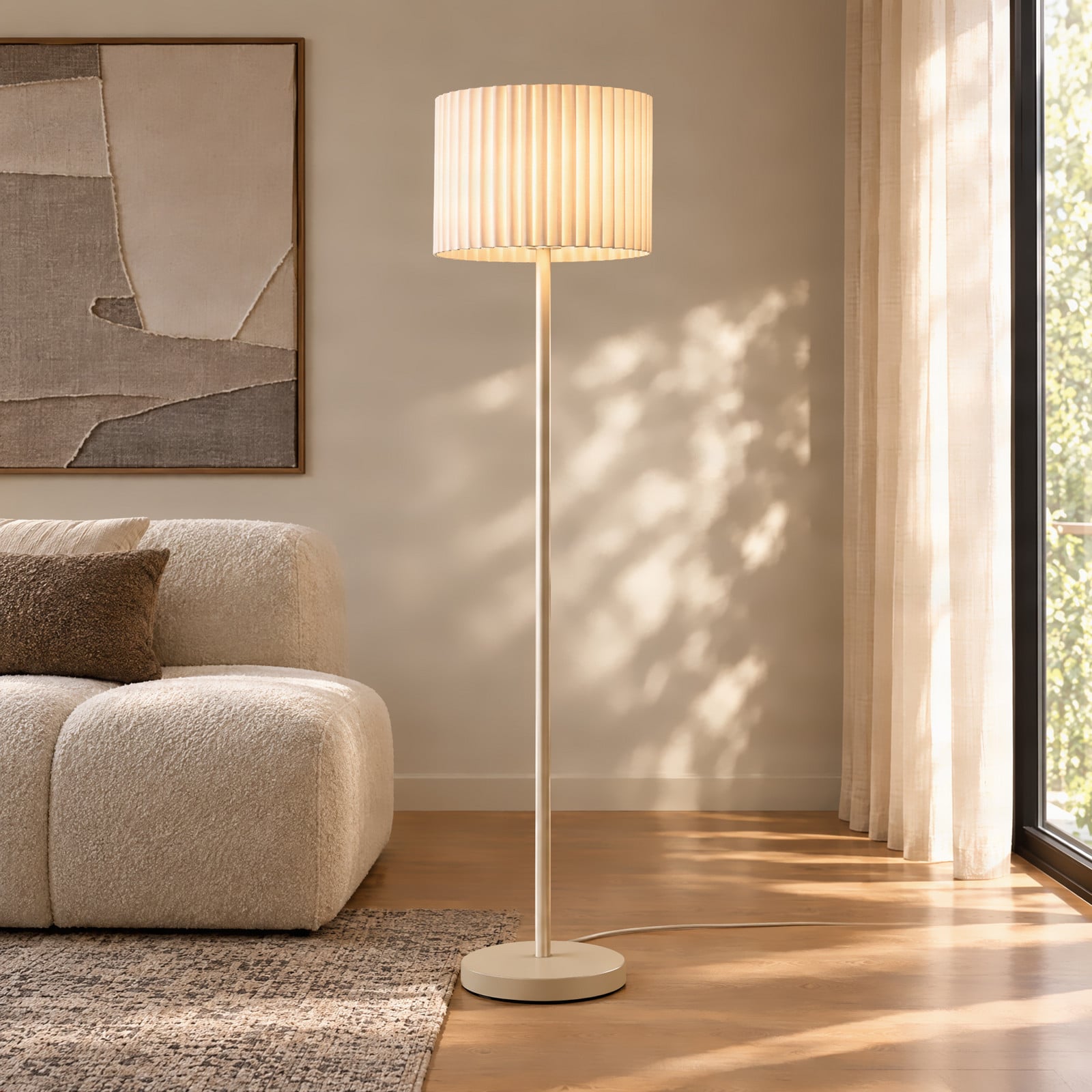 Libbie gulvlampe, beige, høyde 150 cm, lin, metall, E27 – Lindby - Stue - Skandinavisk - Stoff / Tekstil - Med en lyskilde
