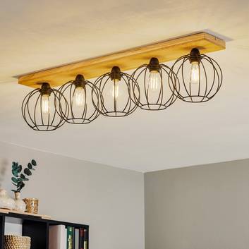 Dorett ceiling light, oak wood, 5-bulb