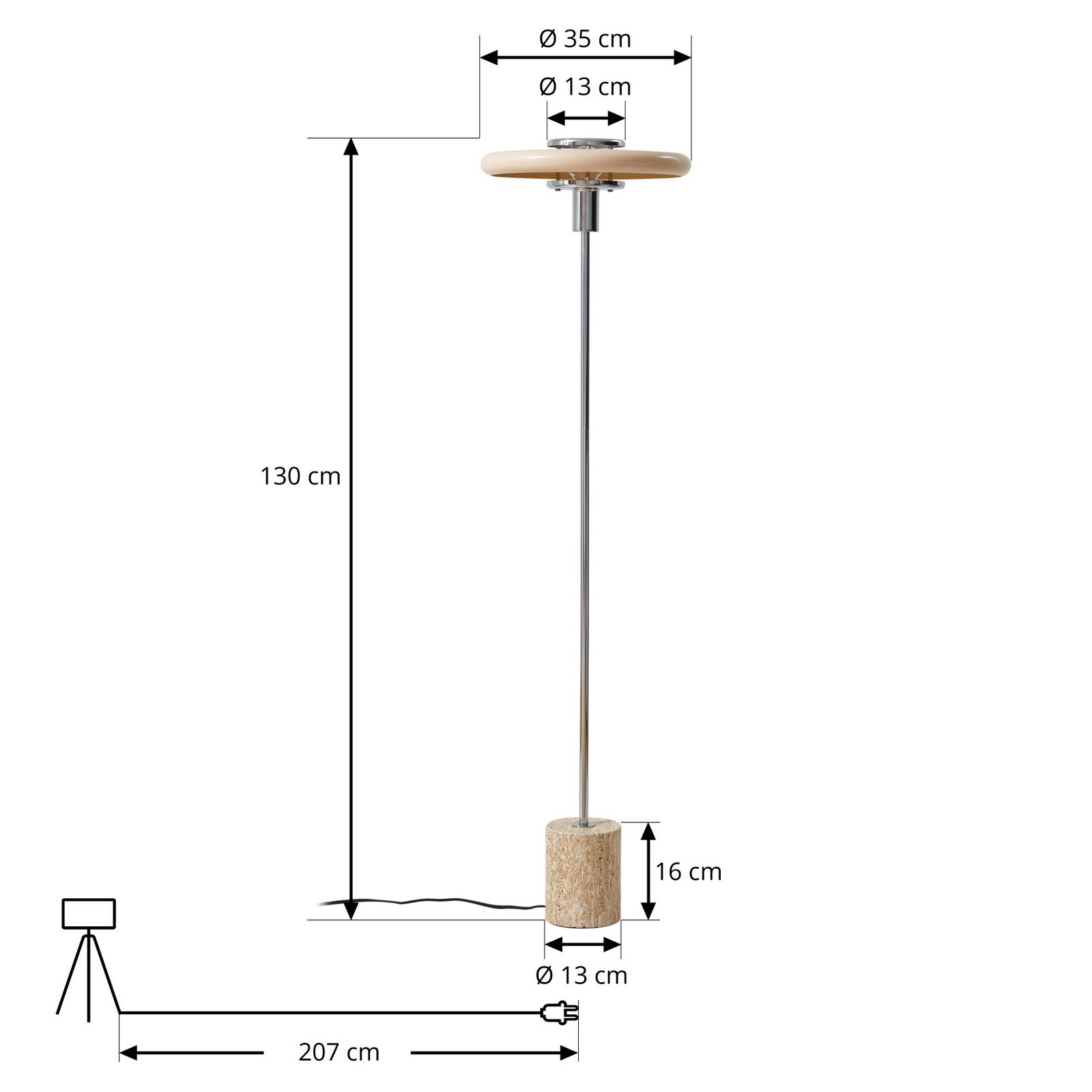 Lindby Stehleuchte Branford, 130 cm, beige, Metall/Travertin