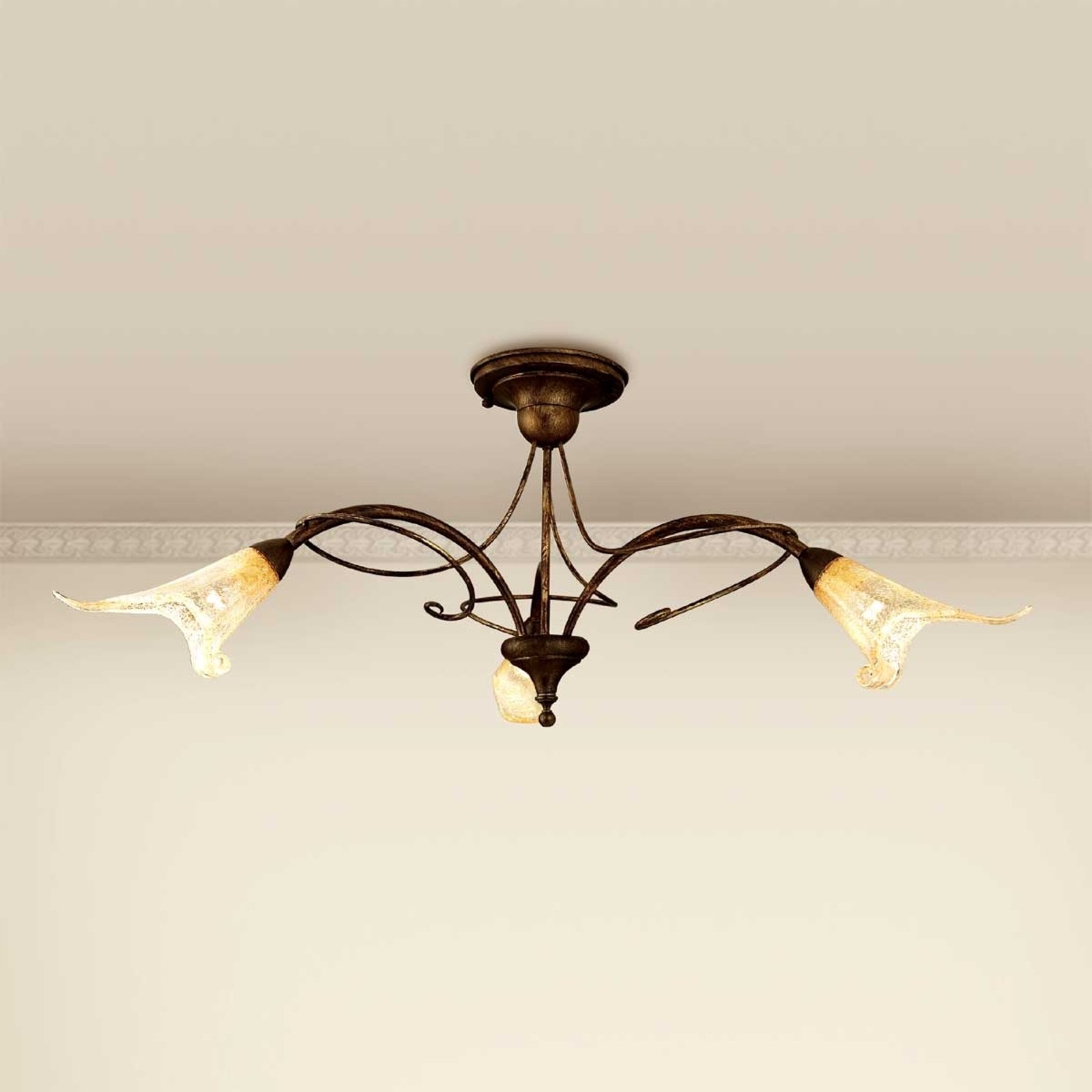 Lam Ceiling light RICCARDO with a floral note, 3-bulb, for Living / Dining Room, metal, glass, E14, 40 W, energy efficiency: A++, H: 40 cm