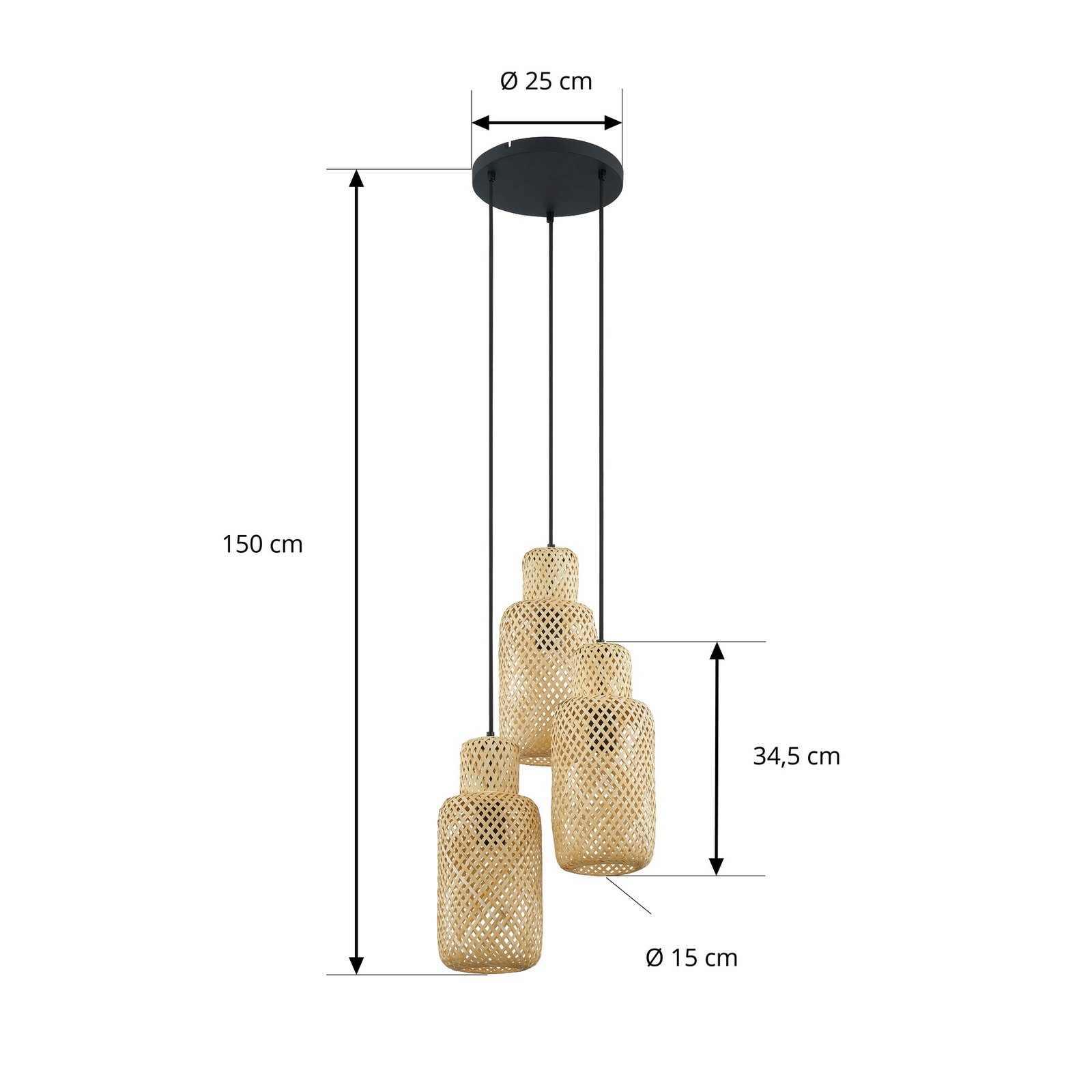 Lindby Venora hanglamp, rond, 3-lamps, Ø 15 cm, bamboe