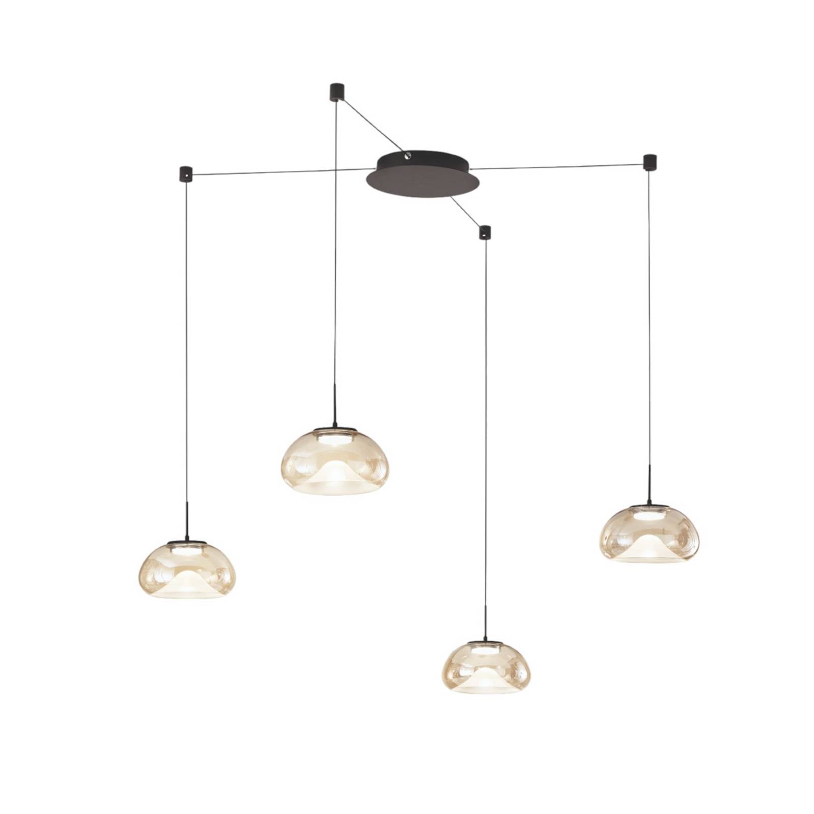 Fabas Luce Suspension LED Brena, à 4 lampes, cognac, verre, CCT, à intensité variable