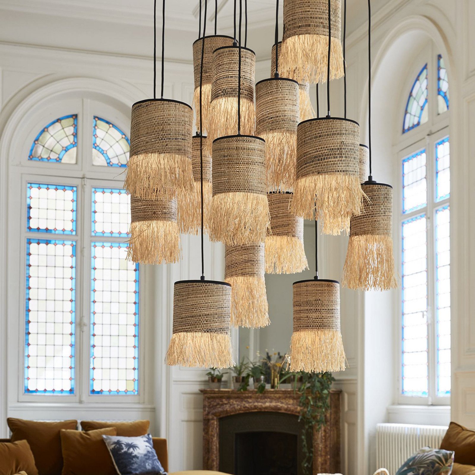 MARKET SET Lampă suspendată Formentera Ø 70 cm fibră de palmier 16-flg. - Camera de zi / sufragerie - design - bej natural negru - Metal