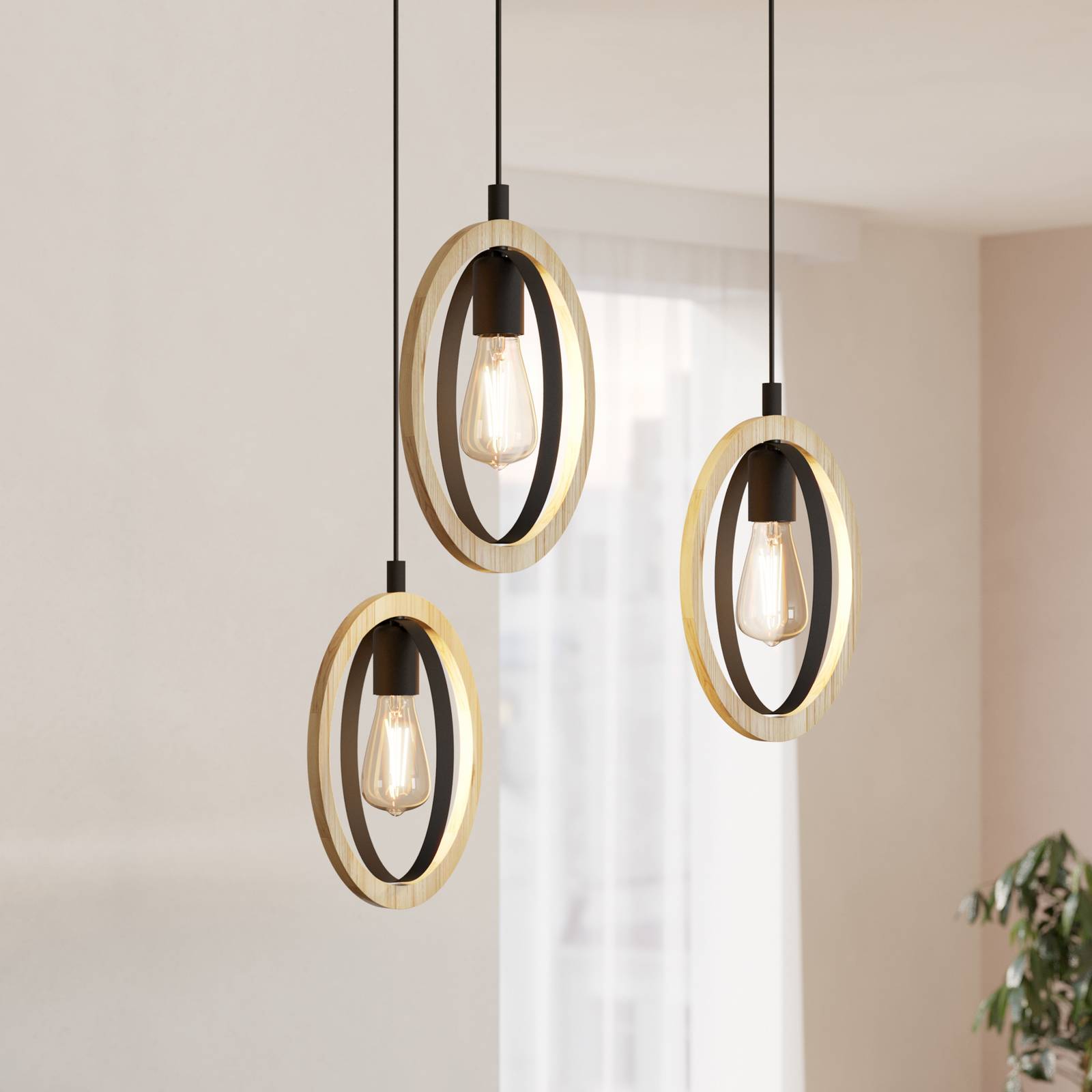 EGLO Suspension Basildon, détails bois à 3 lampes ronde