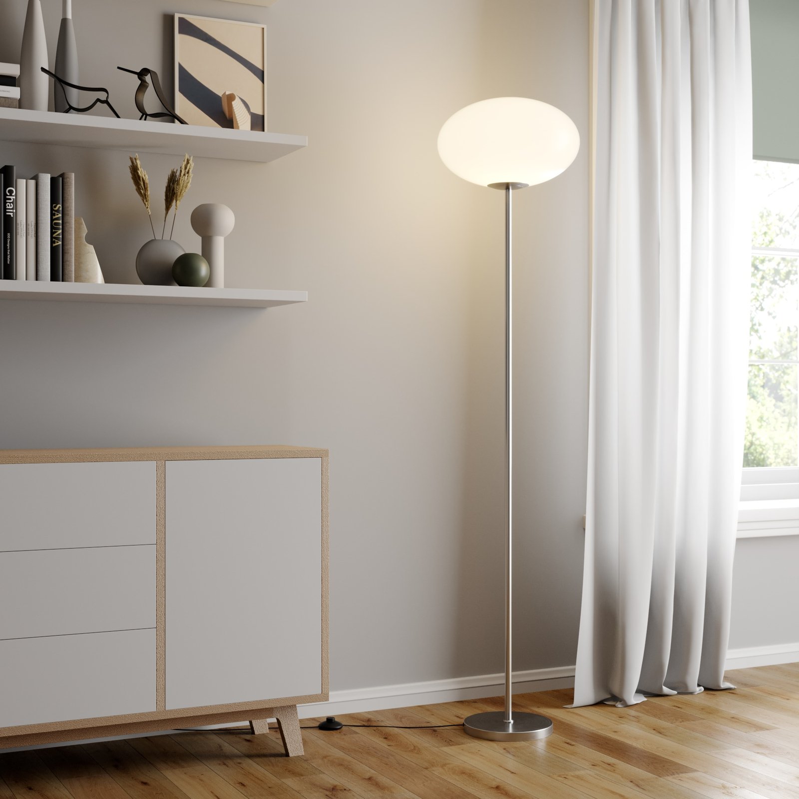 Lindby Stehlampe Sonika, 175 cm, nickelfarben, Glas, E27
