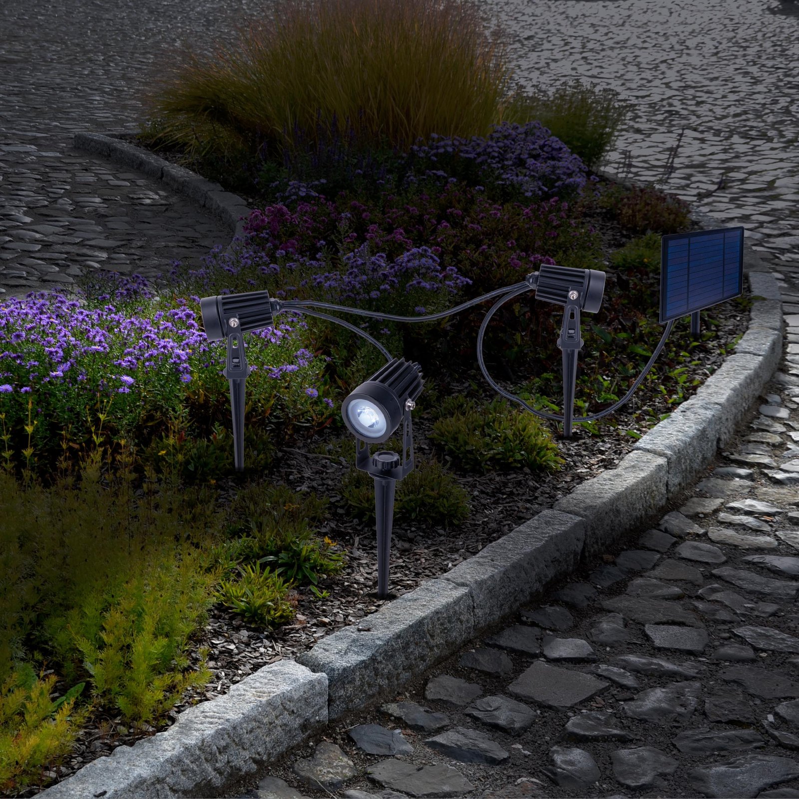 LED solar ground spike light SPOTI, black, set of 3, IP44