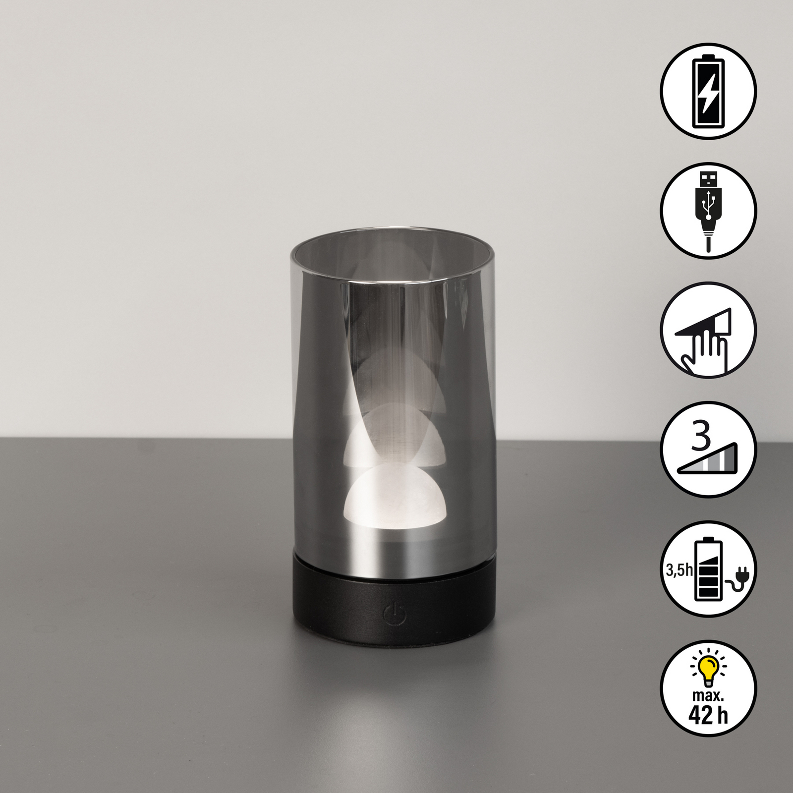 Lampada LED da tavolo ricaricabile Fenya, nero/grigio fumo Altezza 14 cm IP54
