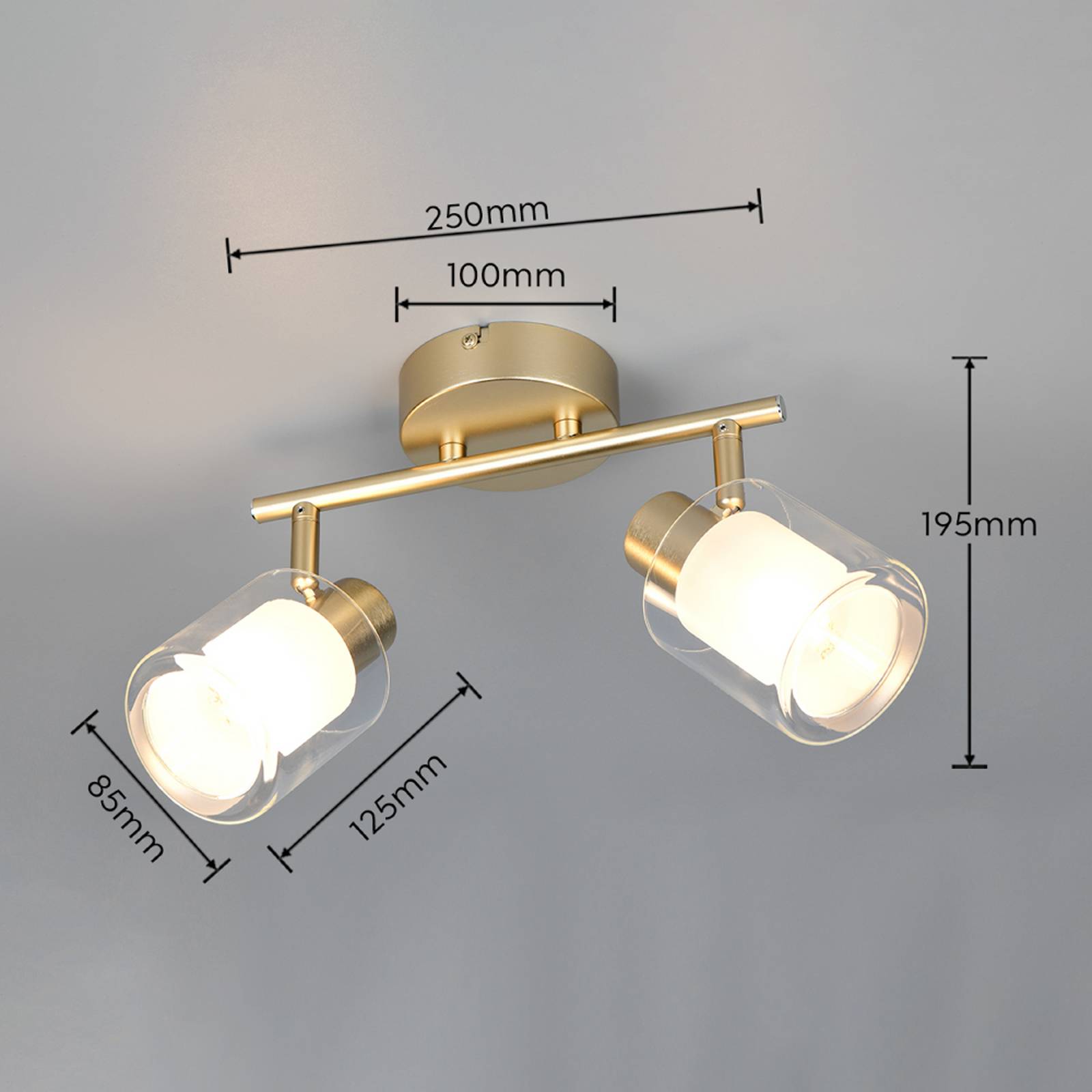 Taklampe Neralo, 2 lyskilder, gullfarget, metall, E14