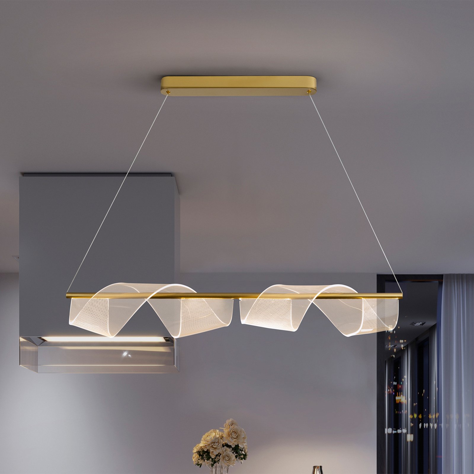 Velas LED piekaramais gaismeklis, garš, zelta krāsā, metāls, plastmasa