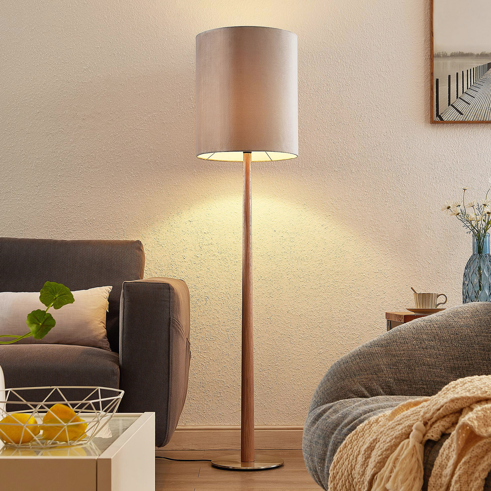 Lucande Heily gulvlampe, cylinder, 45 cm, grå Lampegiganten.dk