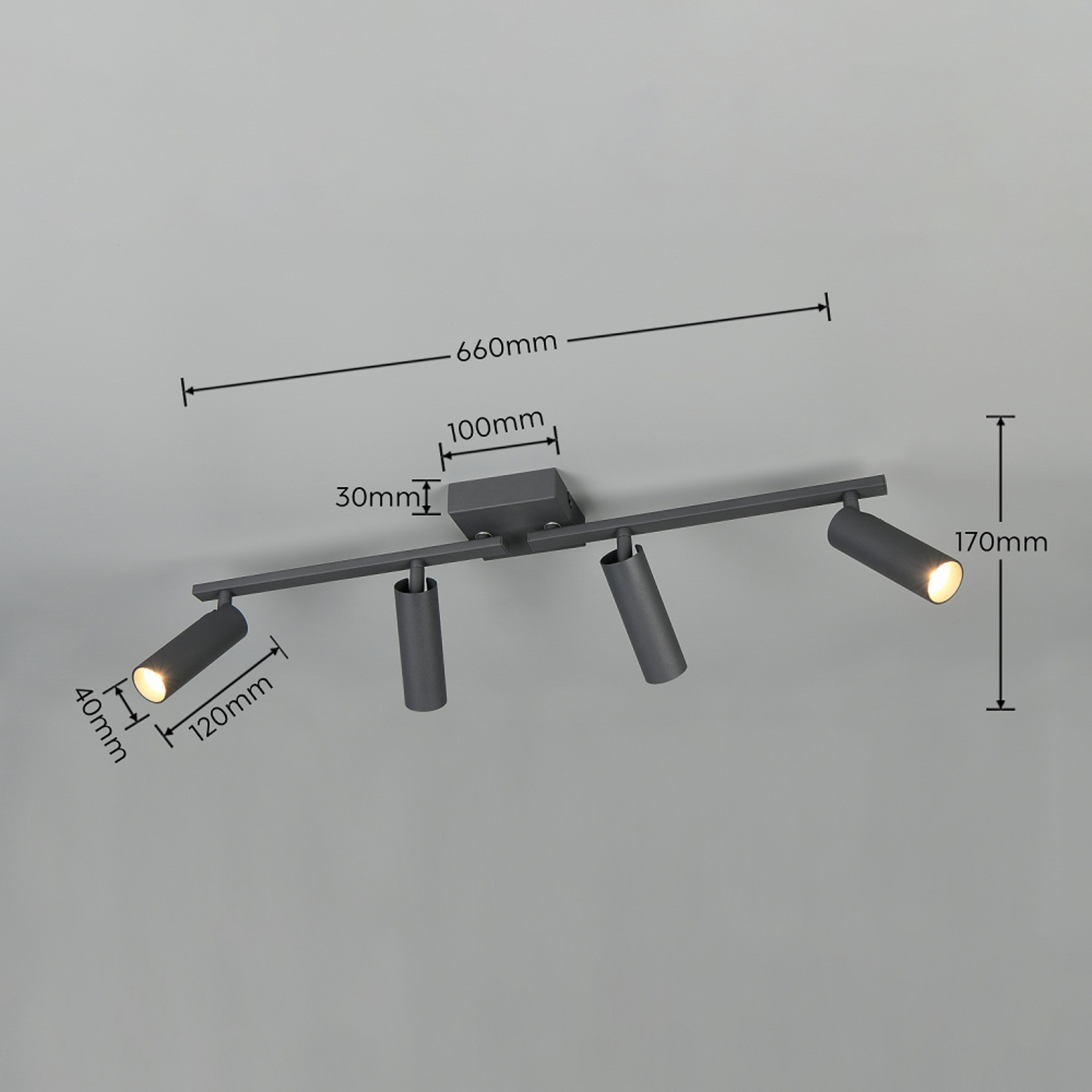 Faretto da soffitto Dara, lunghezza 66 cm, antracite, metallo, a 4 luci. Faretto da soffitto Dara, lunghezza 66 cm, antracite, metallo, a 4 luci.