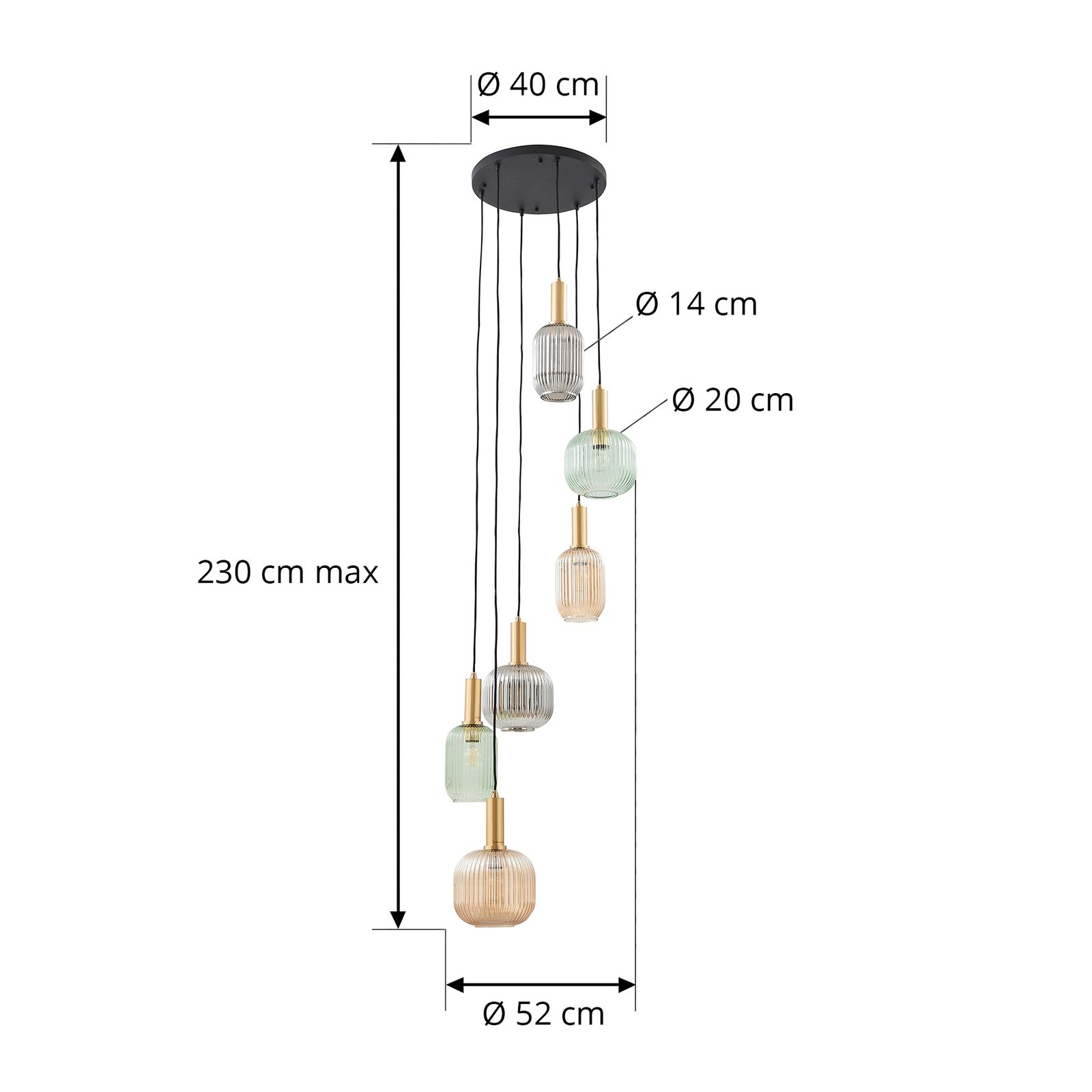 Lindby Doroteo pendant light, 6-bulb, green/amber/grey, glass