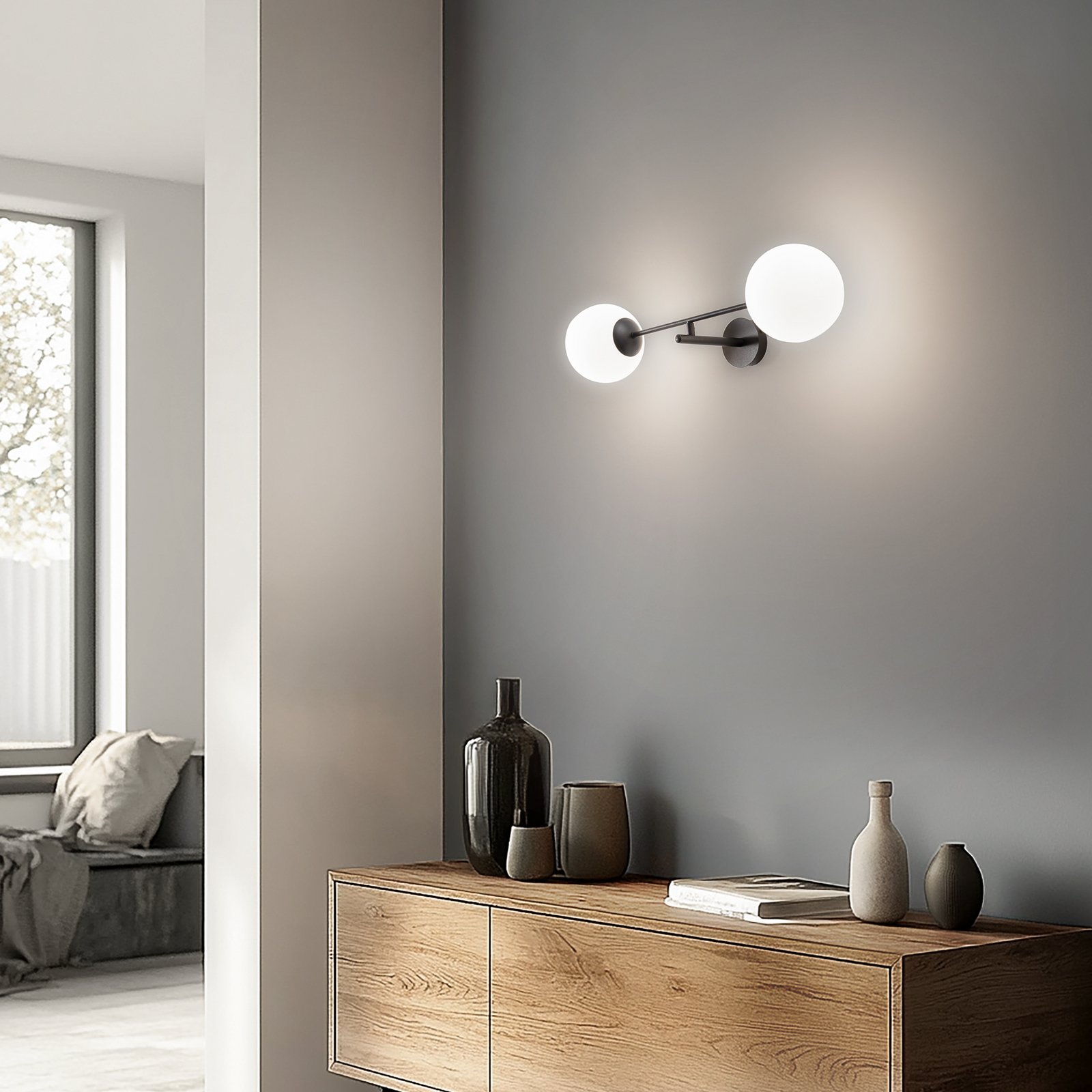 Wandlampe Linear, schwarz/opal, zweiflammig