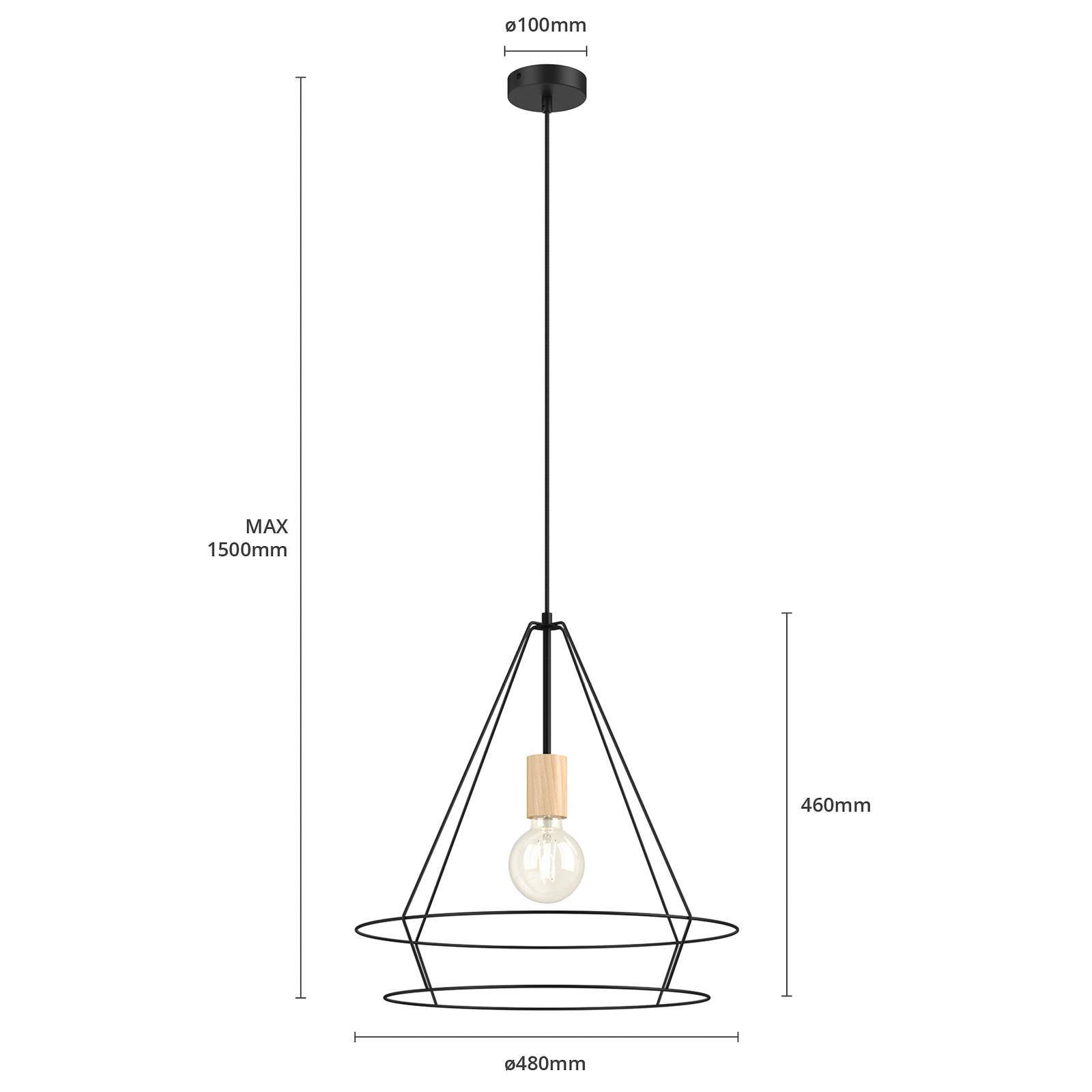 Otwarta lampa wisząca Envostar z metalowym kloszem, kątowa