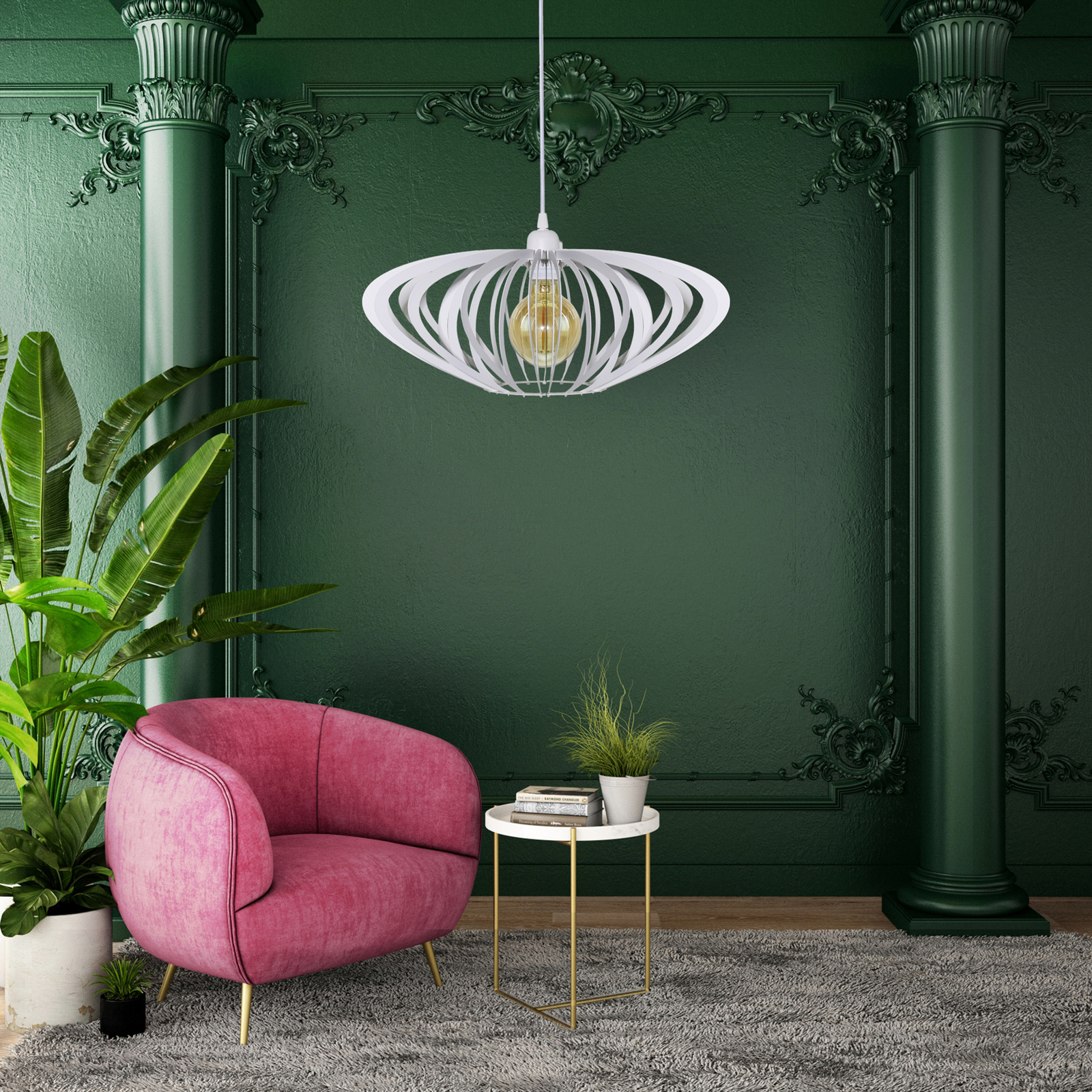 Age hanging light in white, cage lampshade