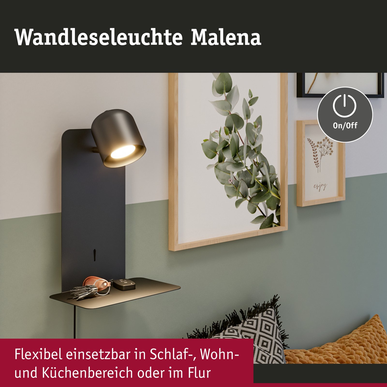 Paulmann Malena USB wall spotlight, shelf, black