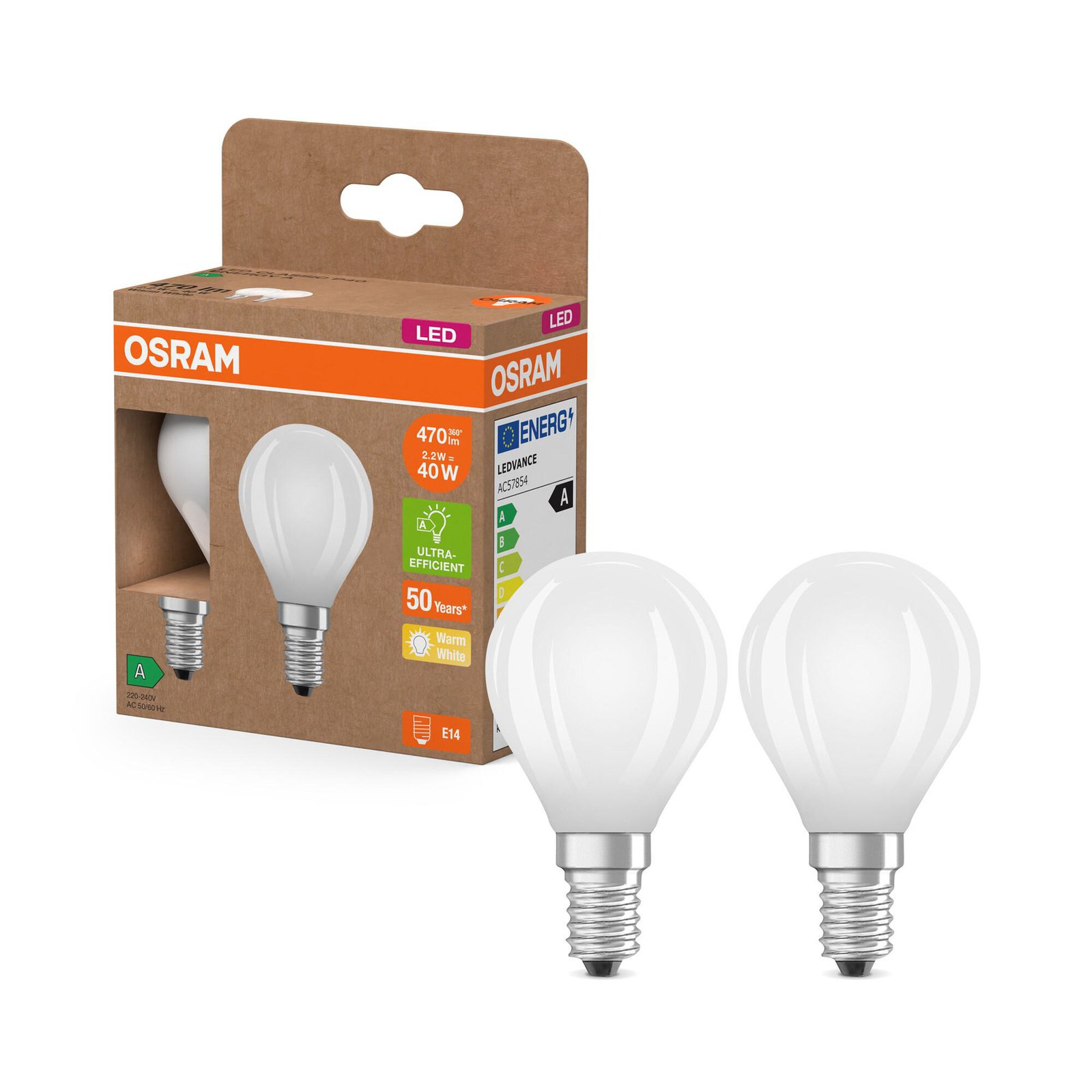 OSRAM LED druppelmat E14 2,2W 2700K 470lm 2-pak