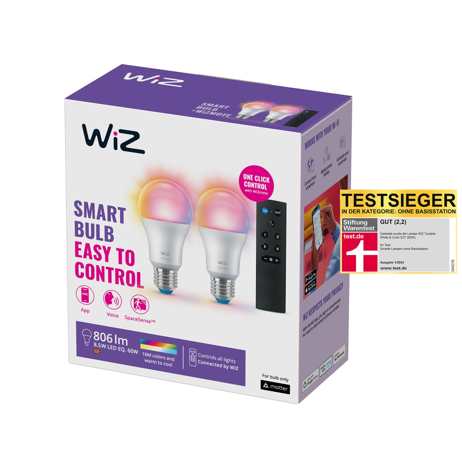 Lichtbronnen Smart Color 8,5W 806lm 2200-6500K RGB 2-pack E27 & Remote - WiZ