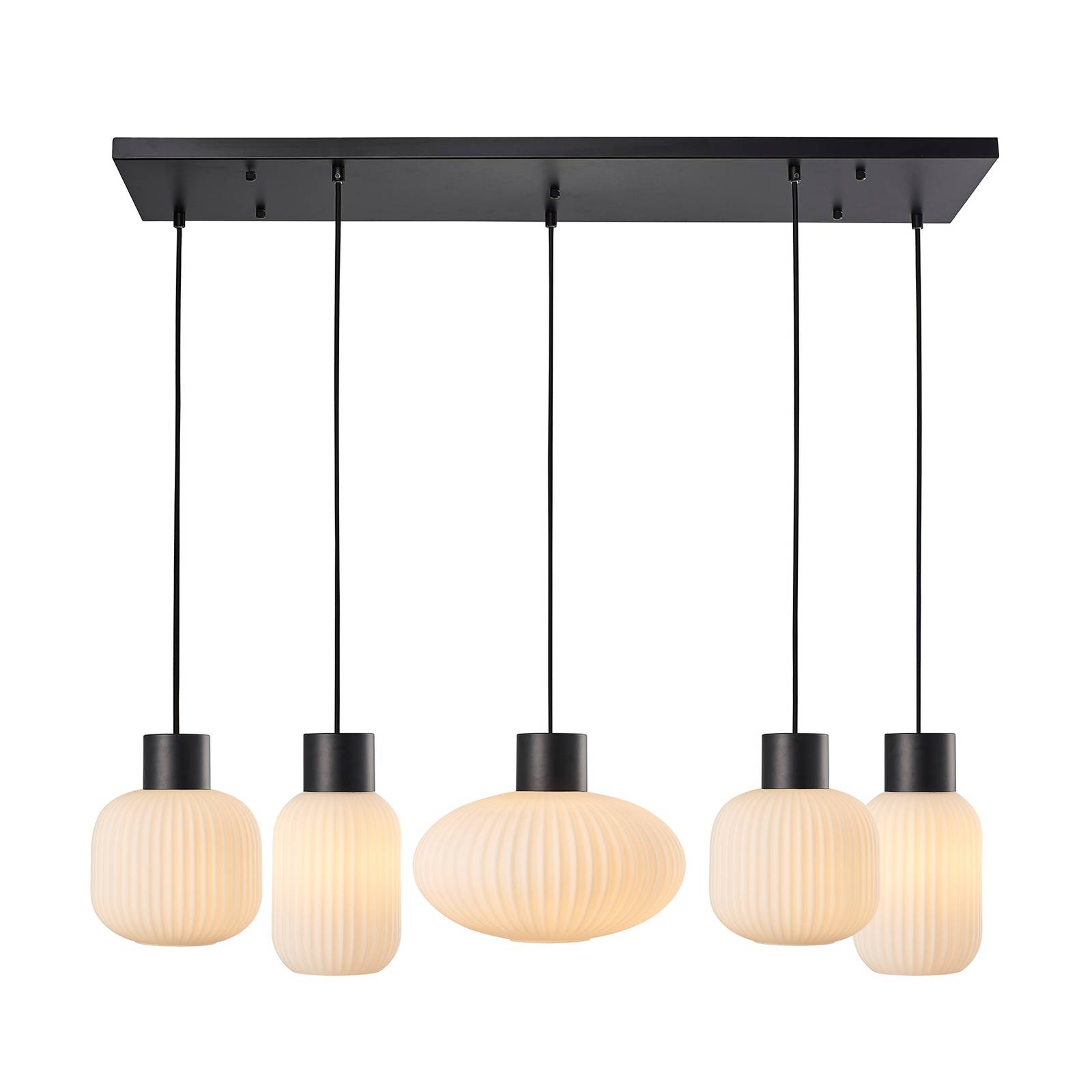 Lucande Lomeris hanging light, five-bulb, white, for Living / Dining Room, glass, iron, E27, 60 W, L: 107.5 cm, W: 26.5 cm