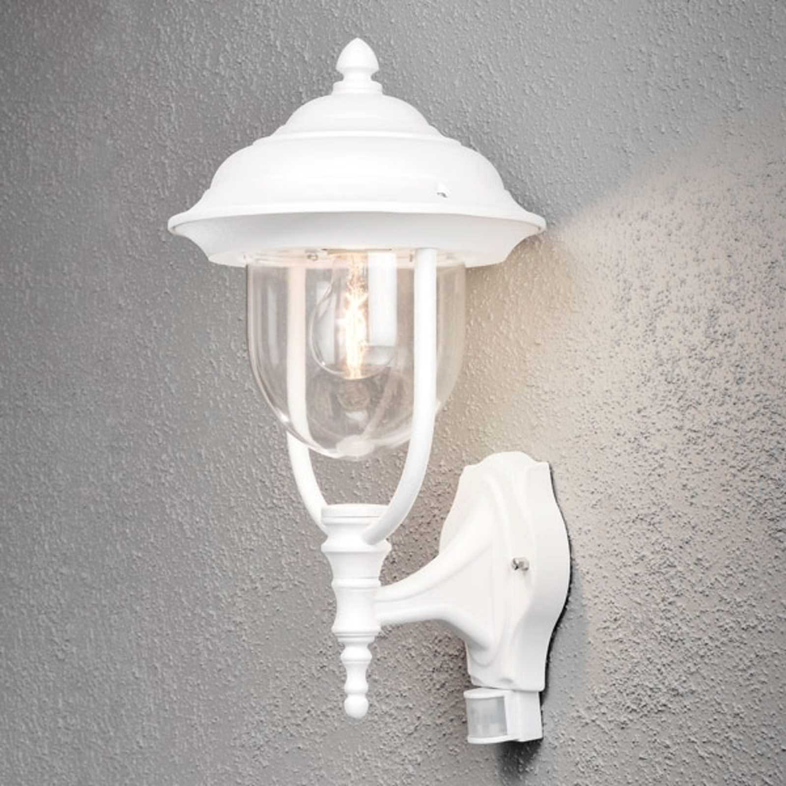 Konstmide Parma outdoor wall lamp with sensor, white, aluminium, acrylic, E27, 75 W, energy efficiency: A++, W: 24 cm, H: 49 cm