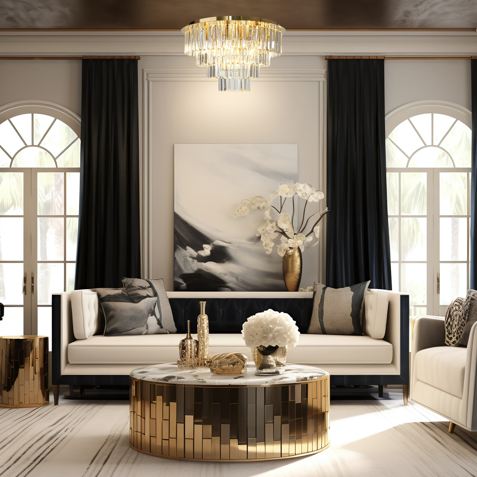 Milano ceiling light, Ø 60 cm, gold/crystal, glass, 9 x E14
