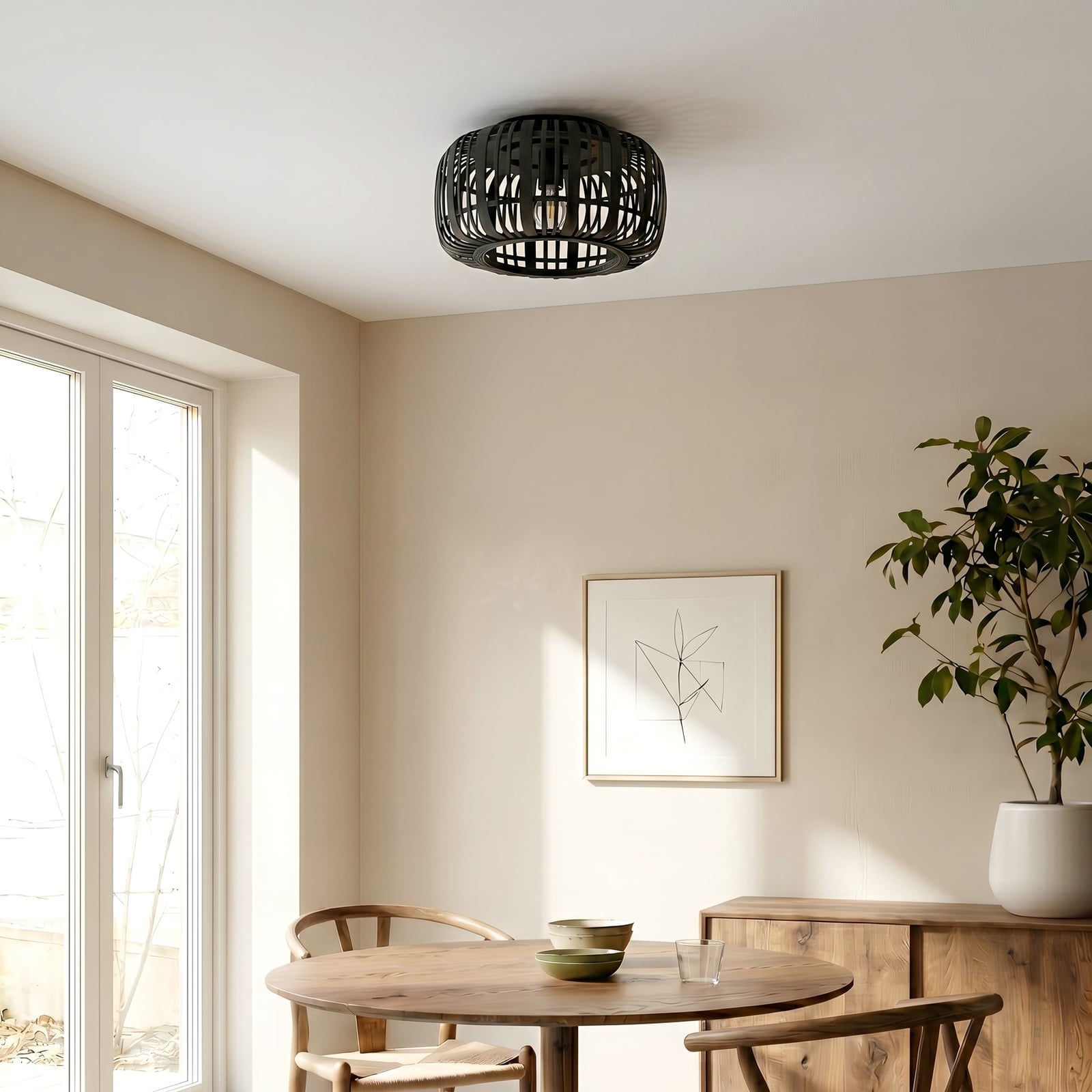 Lindby Canyana ceiling light, black, rattan, Ø 40 cm