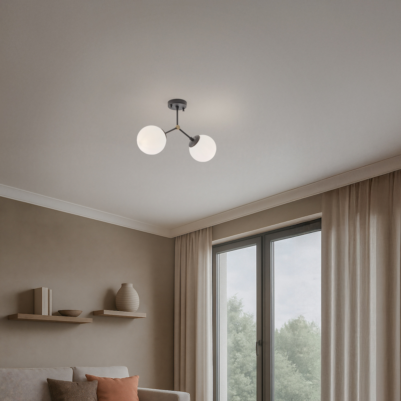 Candeeiro de teto Damar, preto, vidro, 2 lâmpadas, comprimento 44 cm Candeeiro de teto Damar, preto, vidro, 2 lâmpadas, comprimento 44 cm