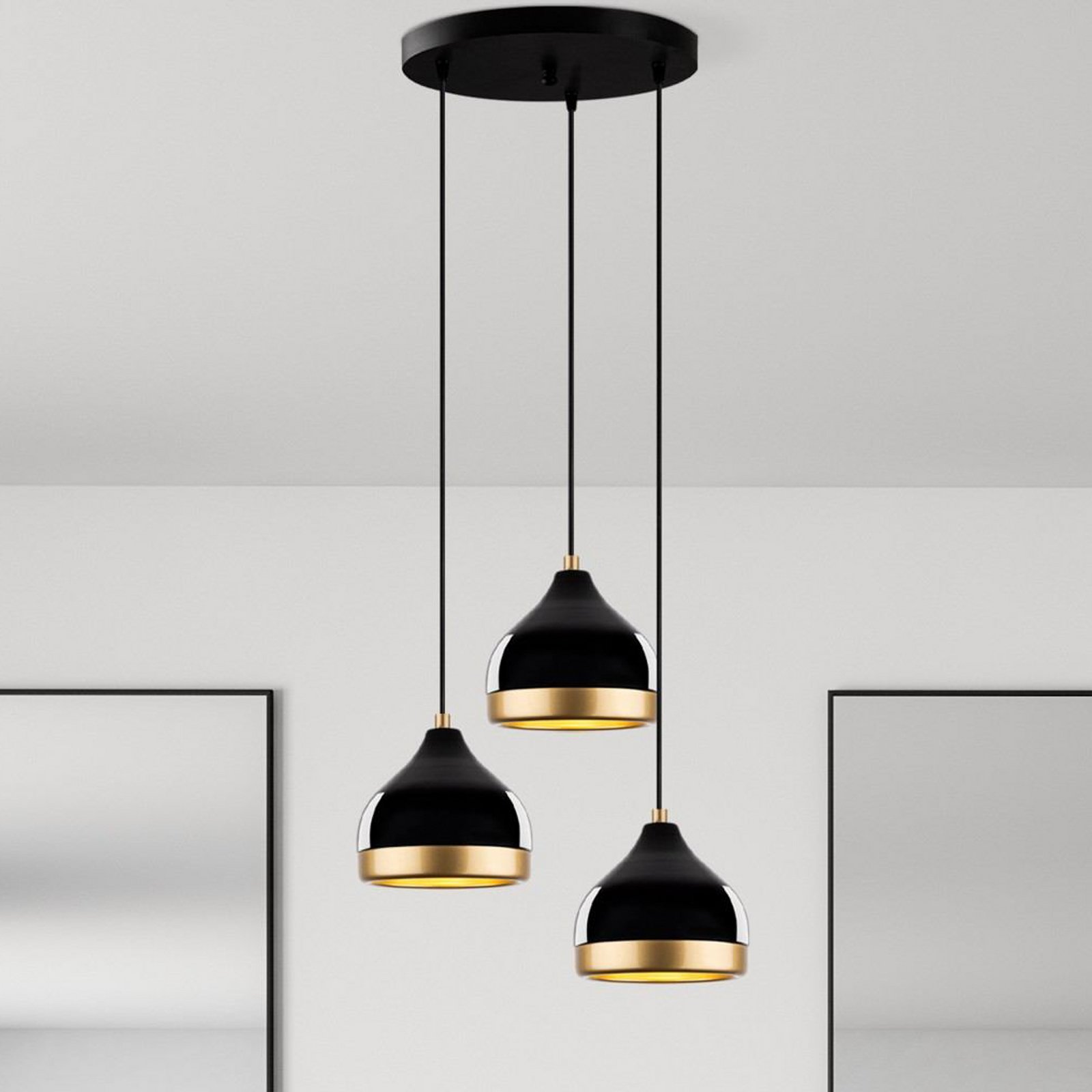 Yildo pendant light, 3-bulb, black/gold, round, Ø37 cm