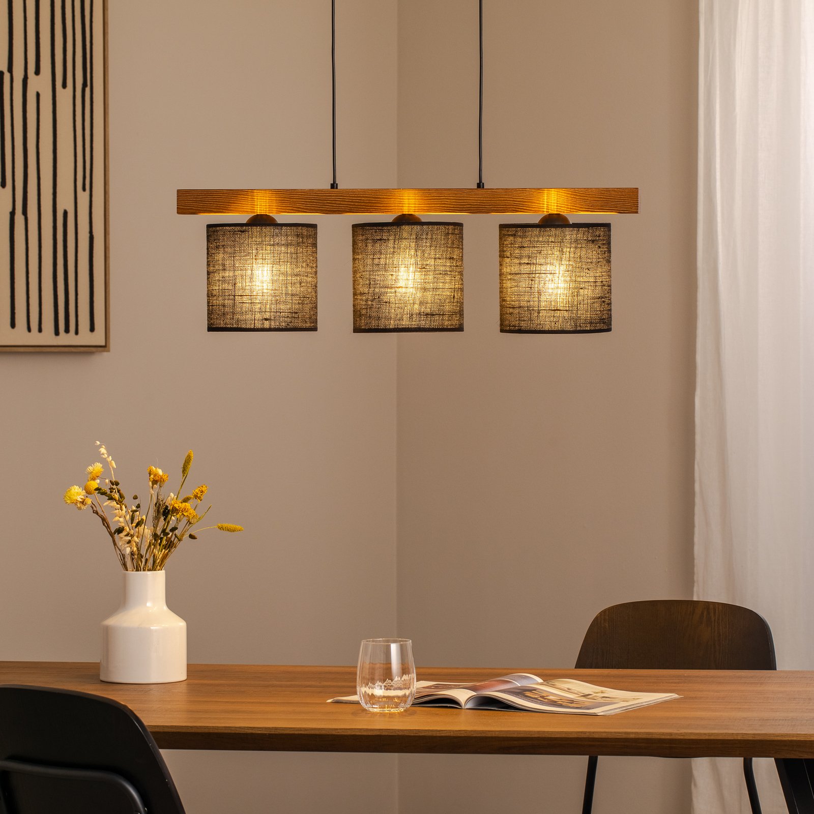 Forest hanging light, light wood/black, black jute, 3-bulb
