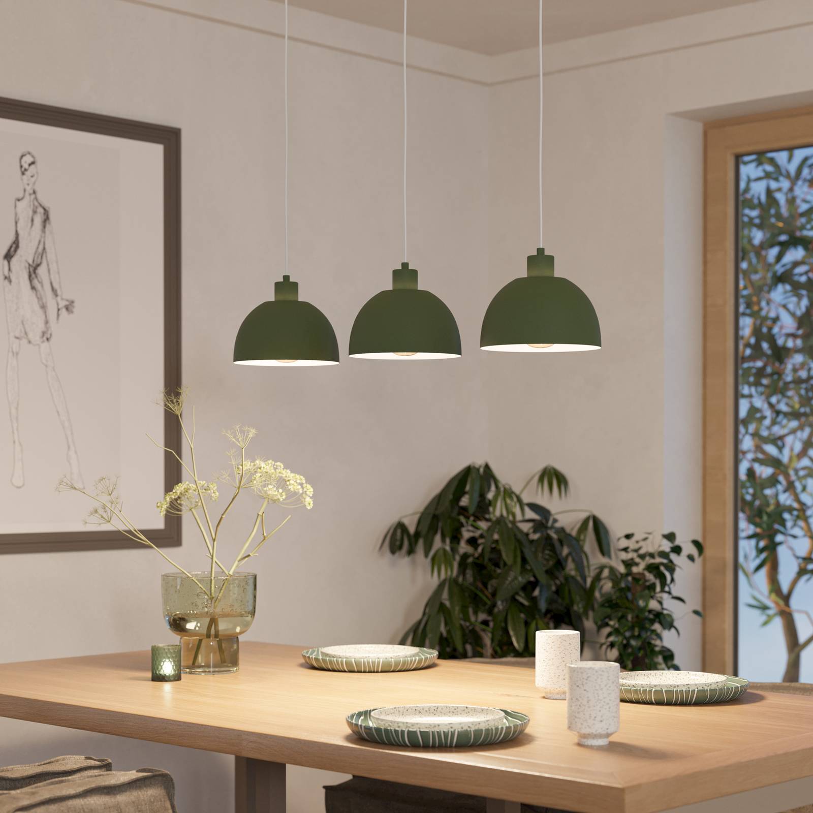 EGLO Hanglamp Cazalilla, groen, 3-lamps, metaal, E27