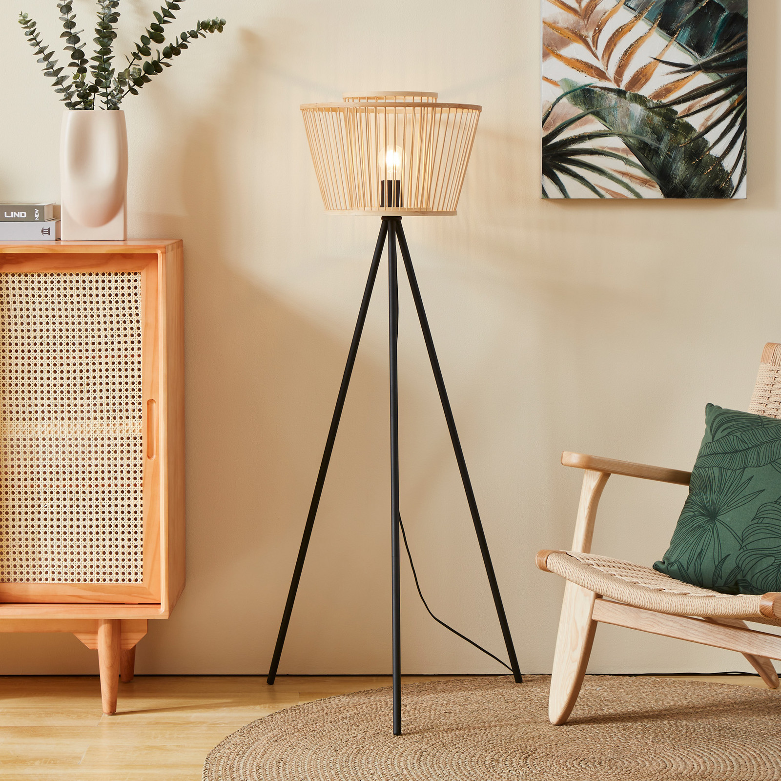EGLO Lampa de podea Hykeham înălțime 1295 cm natural/negru bambus - Camera de zi / sufragerie - Scandinavă - natural negru - Bamboo