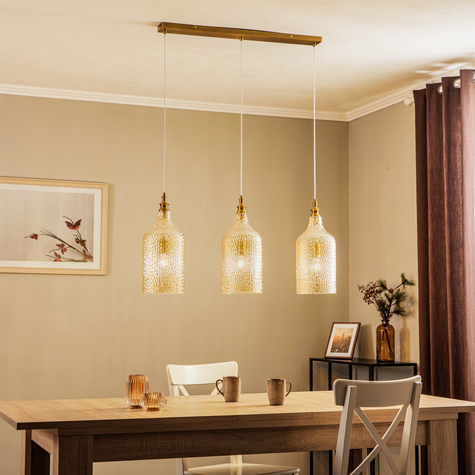 Lindby Drakar viseća svjetiljka, 3 žarulje, jantarna, staklo, Ø 19,5 cm
