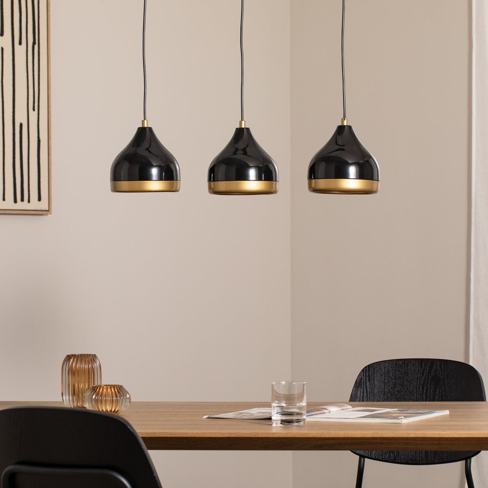 Závěsné světlo Yildo, lineární, 3 žárovky, černé/zlaté, kov