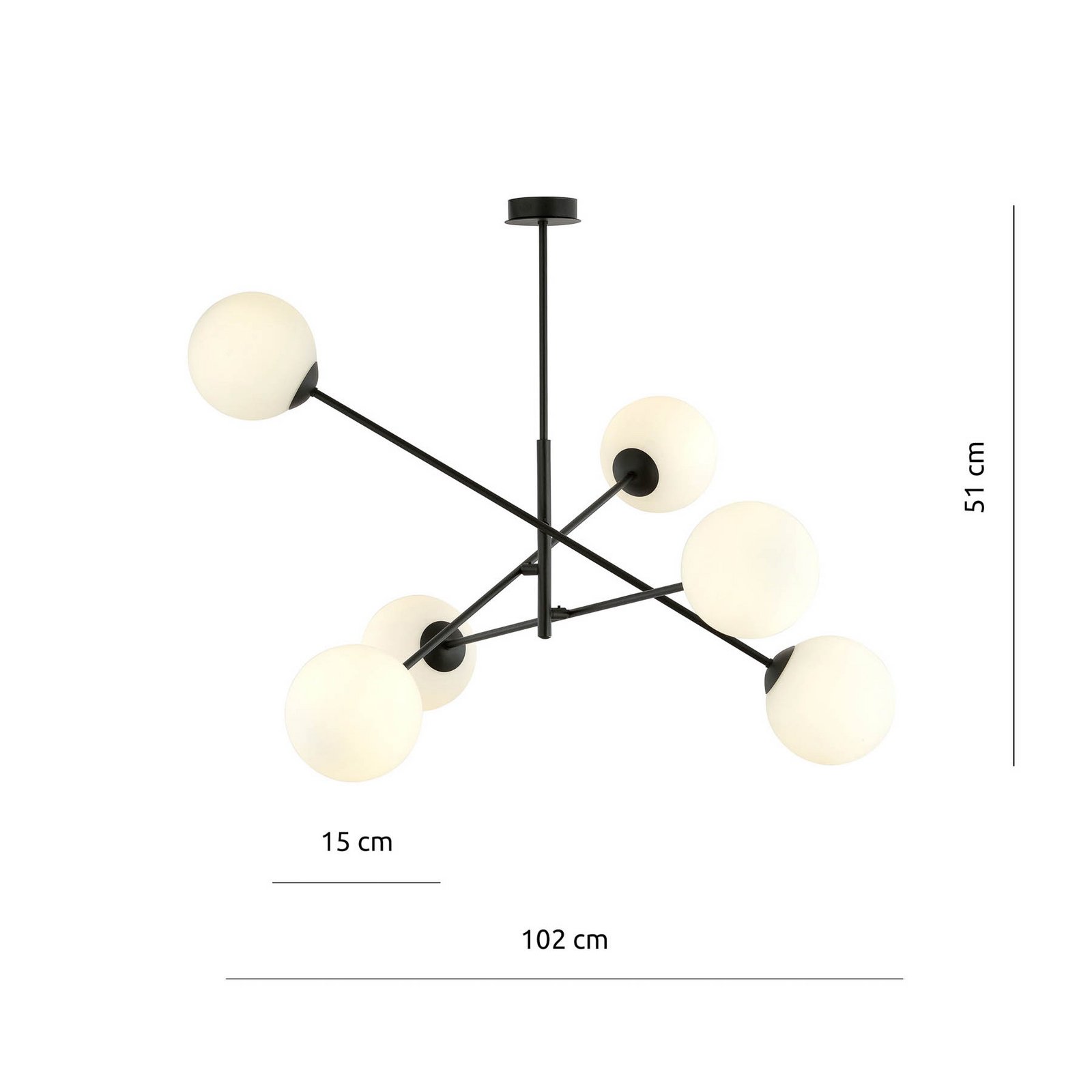 Taklampa Linear, svart/opal, 6 lampor