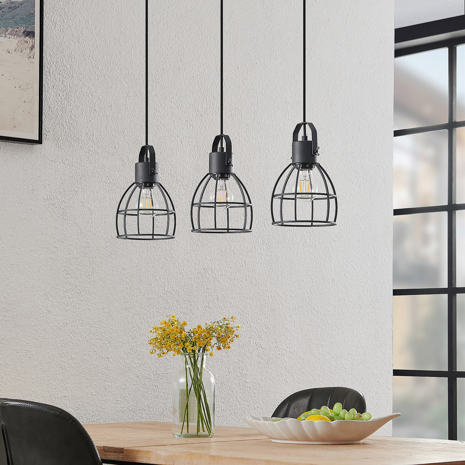 Lindby Flintos hanglamp, 3-lamps, zwart