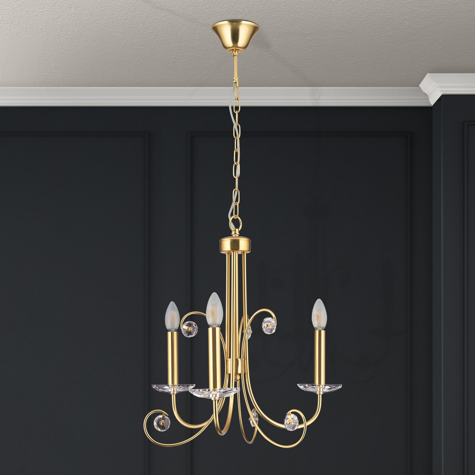 Ariane chandelier, gold-coloured, Ø 50 cm, crystal, 3-bulb.