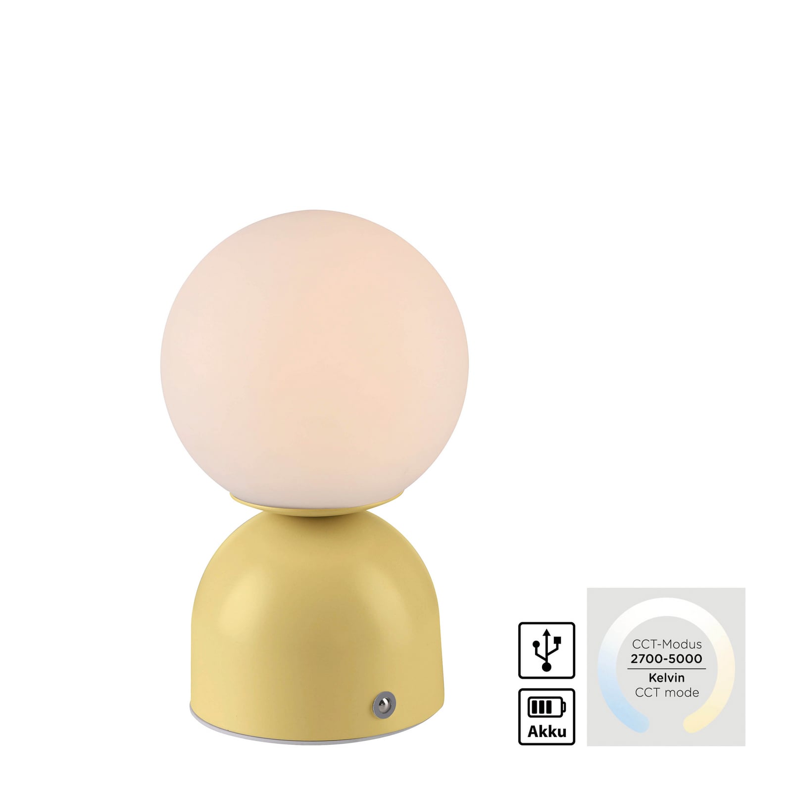 LED-akutoitel laualamp RUDI, kollane, kõrgus 20 cm, CCT, puutetundlik hämardus
