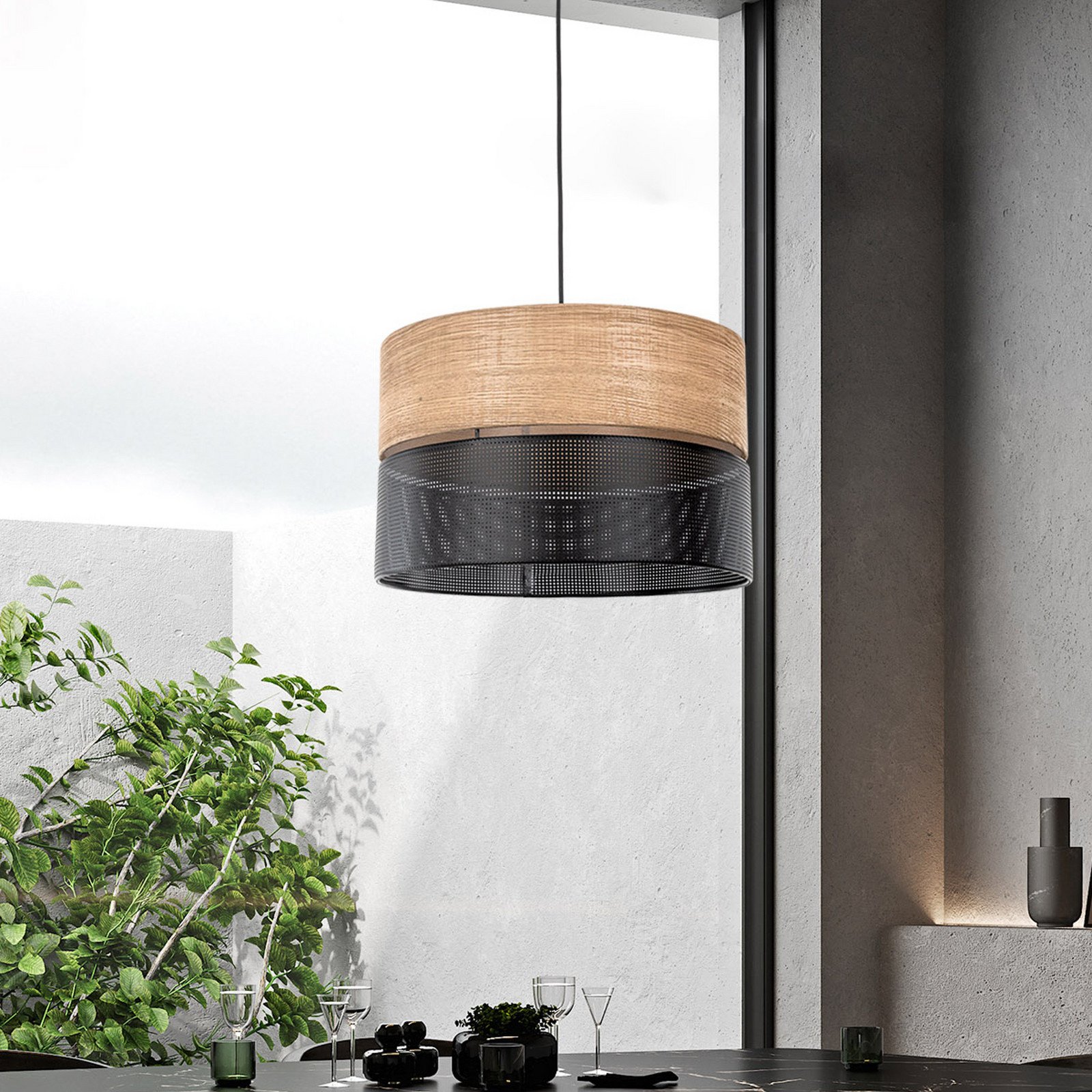 TK Lighting Lampă de suspendare Nicol negru/efect lemn Ø 50 cm 1 lumină 3 x E27 - Camera de zi / sufragerie - modern - negru lemn de stejar - Metal