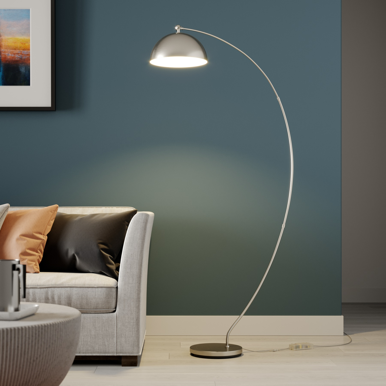 Lindby Zara LED arc lamp with a foot dimmer