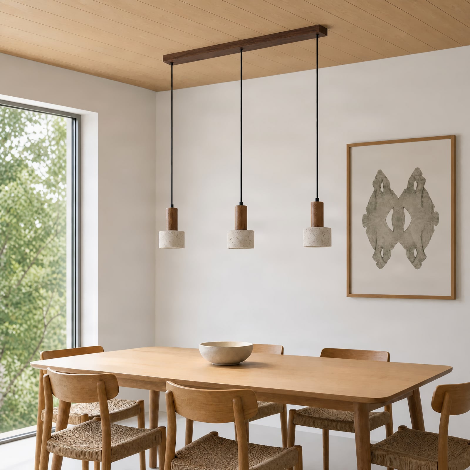 Candeeiro suspenso Carlotta, 3 lâmpadas, bege/nogueira, 80 cm, betão - Lucande