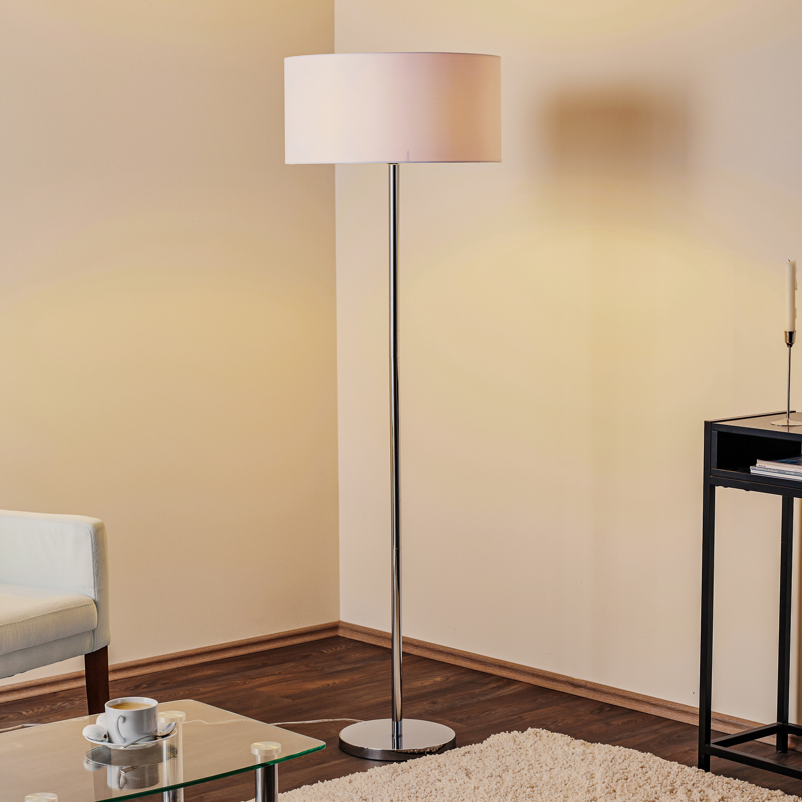 Maarit floor lamp, fabric lampshade, white/chrome
