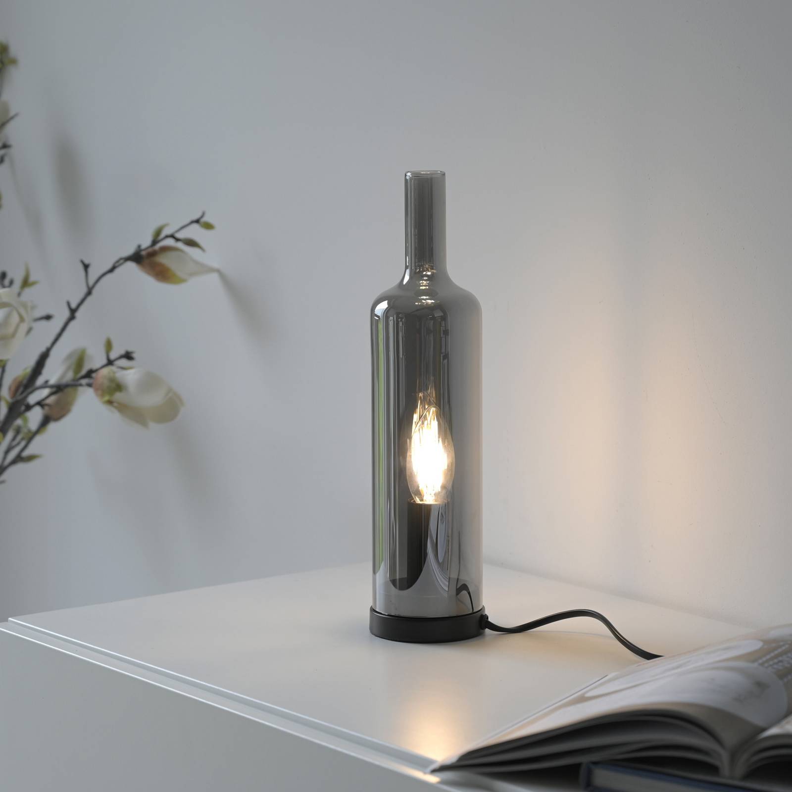 JUST LIGHT. Tischleuchte Bottle, rauchgrau, Glas, E14 günstig online kaufen