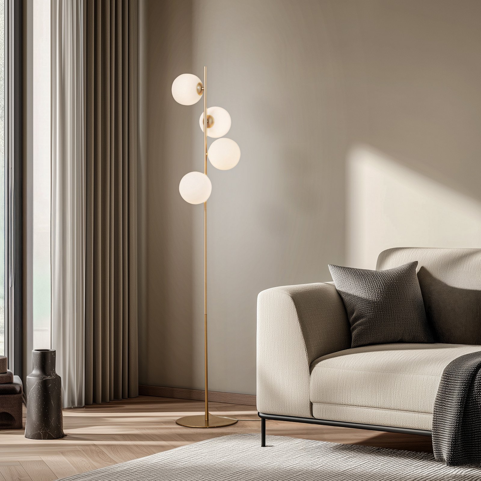 Lucande Floor lamp, opal/gold, metal